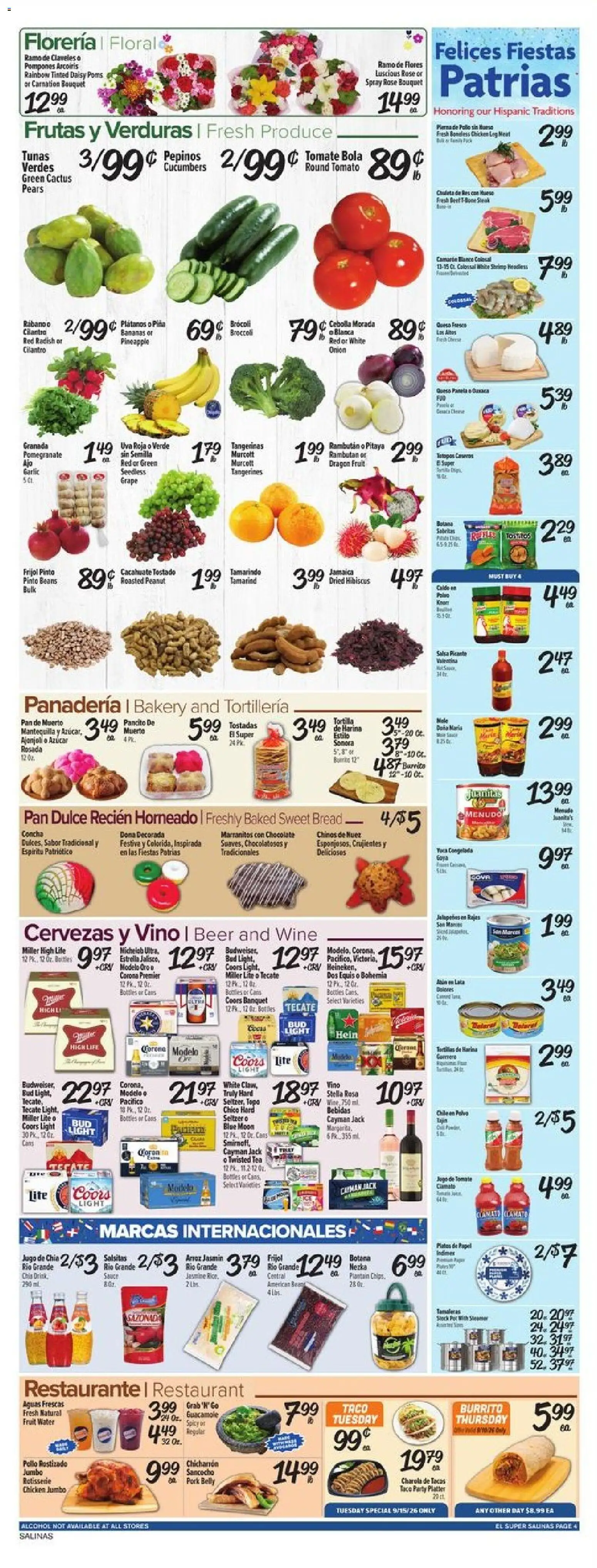 El Super Weekly Ad - valid from 09/09/2026 | Page: 4 | Products: Bakery, Chicken, Alcohol, Water