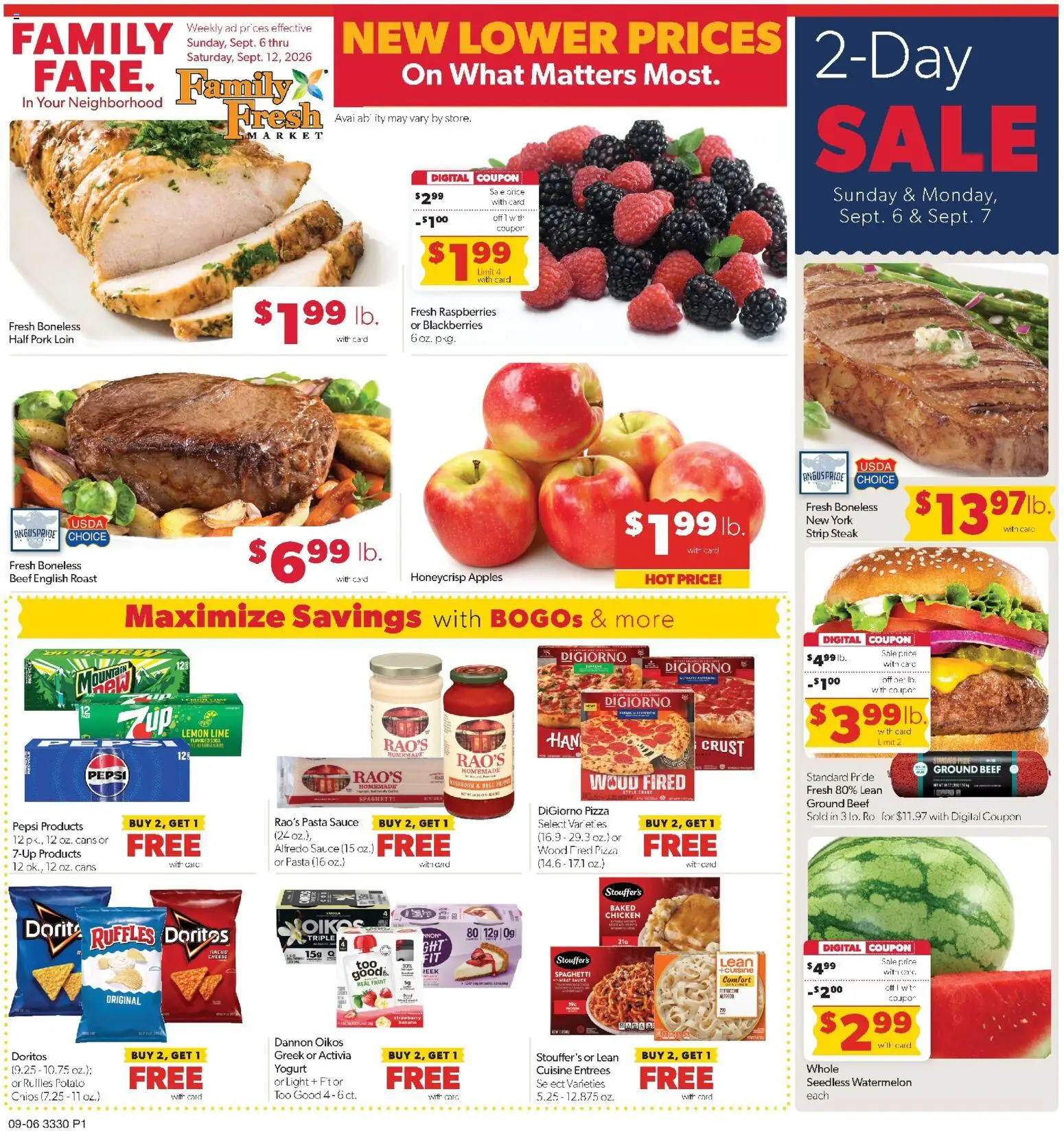 Family Fare Weekly Ad - MN - valid from 09/06/2026 | Page: 1 | Products: Pork loin, Pork, Pasta, Pepsi