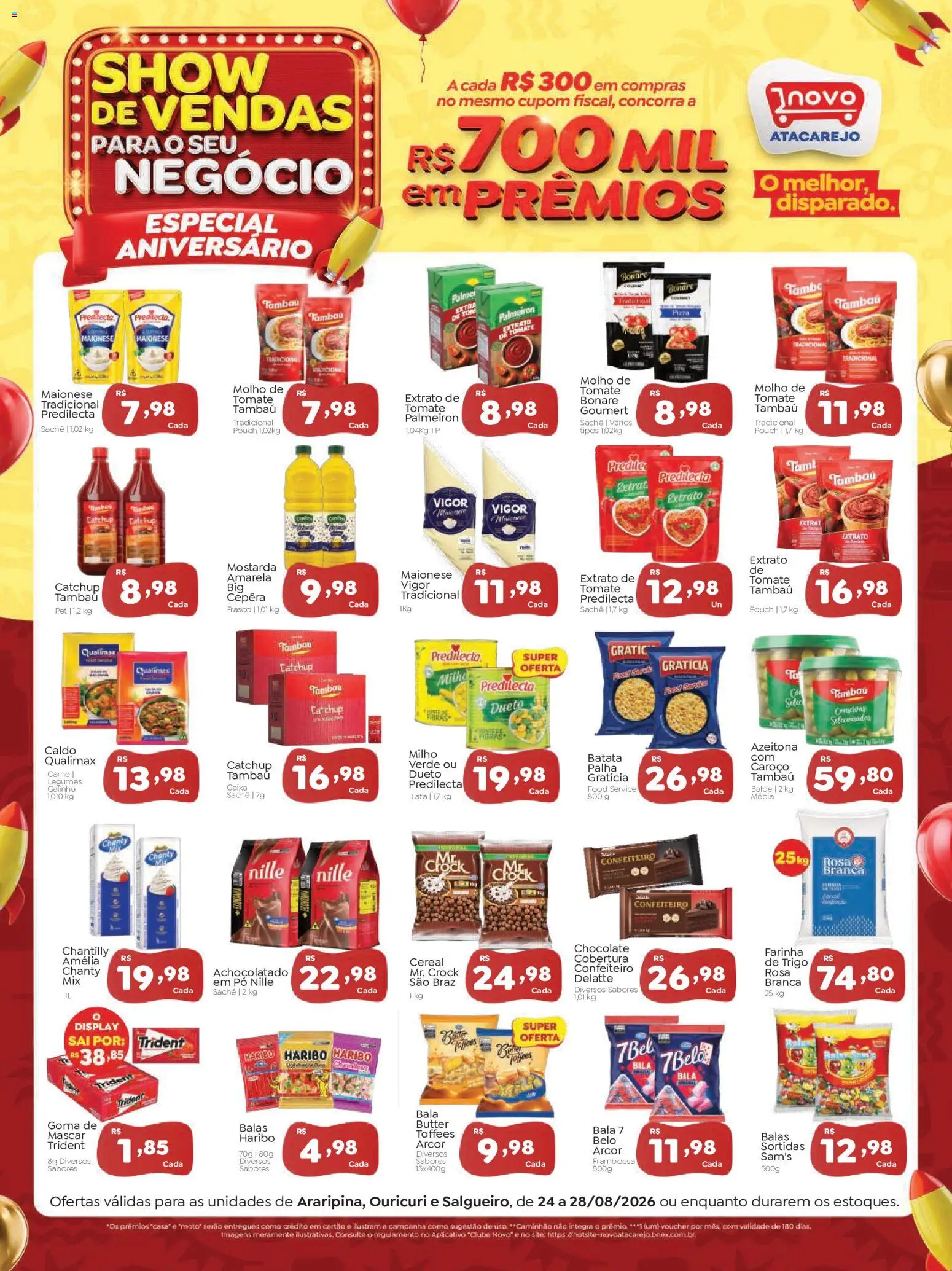 Novo Atacarejo Folheto - válido de 24/08/2026 | Página: 1 | Produtos: Balas, Achocolatado, Caixa, Chocolate