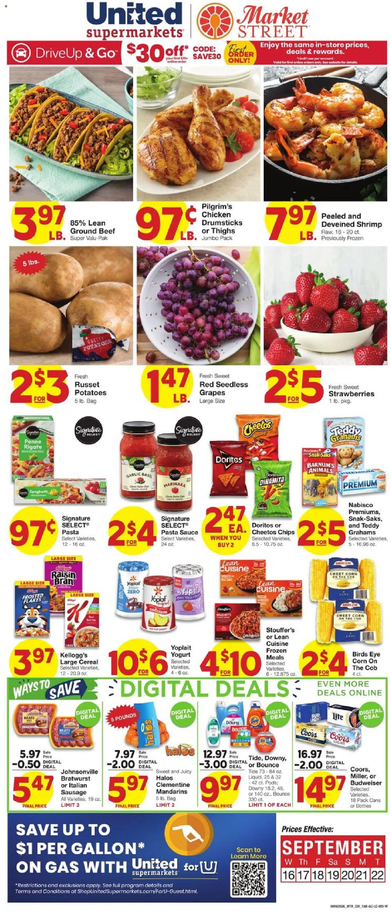 United Supermarkets Weekly Ad - valid from 09/16/2026 | Page: 1 | Products: Shrimp, Chicken, Flakes, Cereal