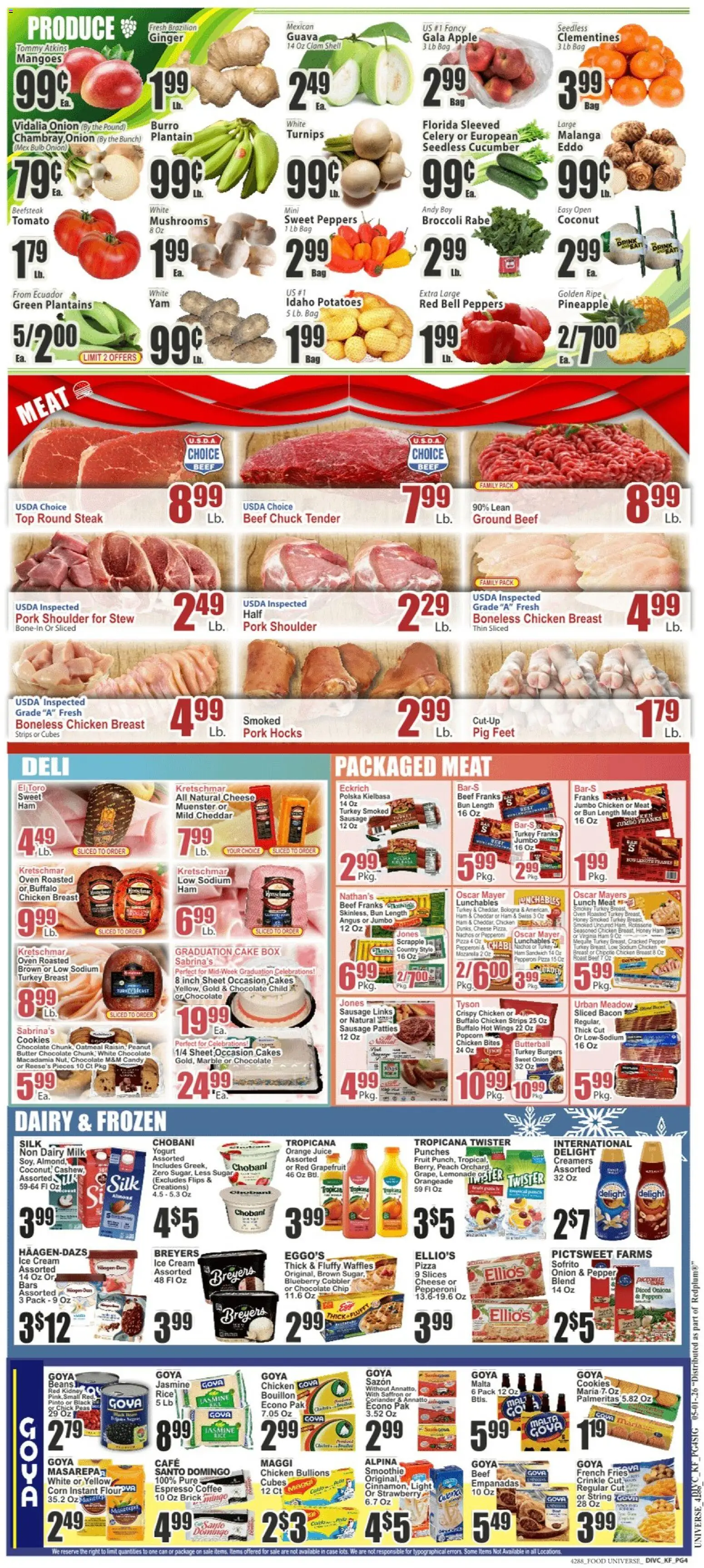 Food Universe Weekly Ad - valid from 01.05.2026 | Page: 4 | Products: Pizza, Juice, Sugar, Onion