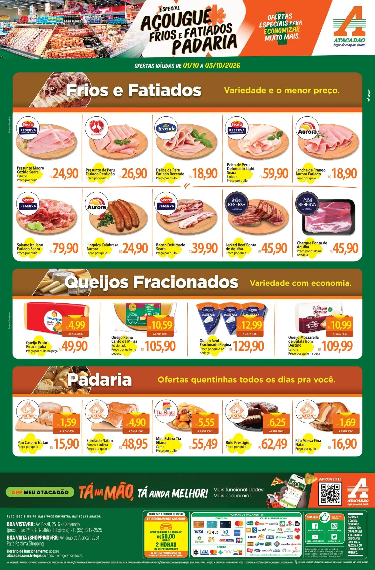 Atacadão Folheto - válido de 01/10/2026 | Página: 2 | Produtos: Linguiça, Bolo, Bacon, Frango