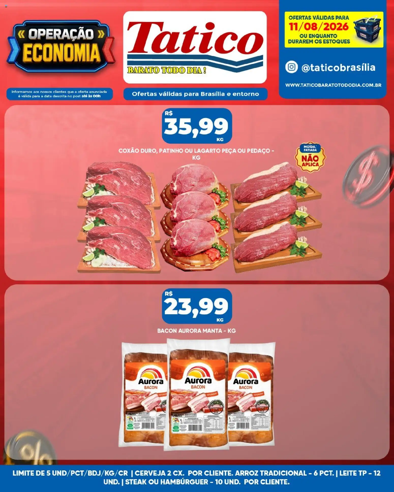 Tatico Folheto - válido de 11/08/2026 | Página: 13 | Produtos: Leite, Arroz, Hambúrguer, Bacon