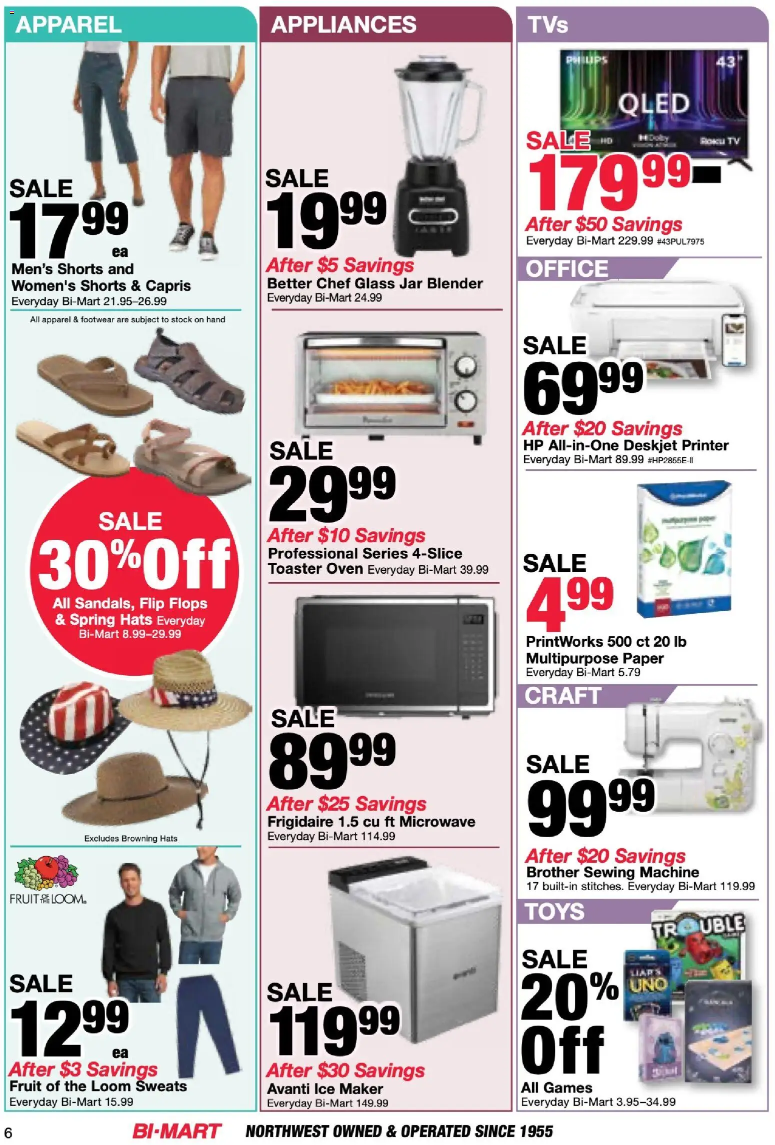 Bi-Mart Membership Savings Book - valid from 07/07/2026 | Page: 6 | Products: Microwave, Shorts, Flops, Oven