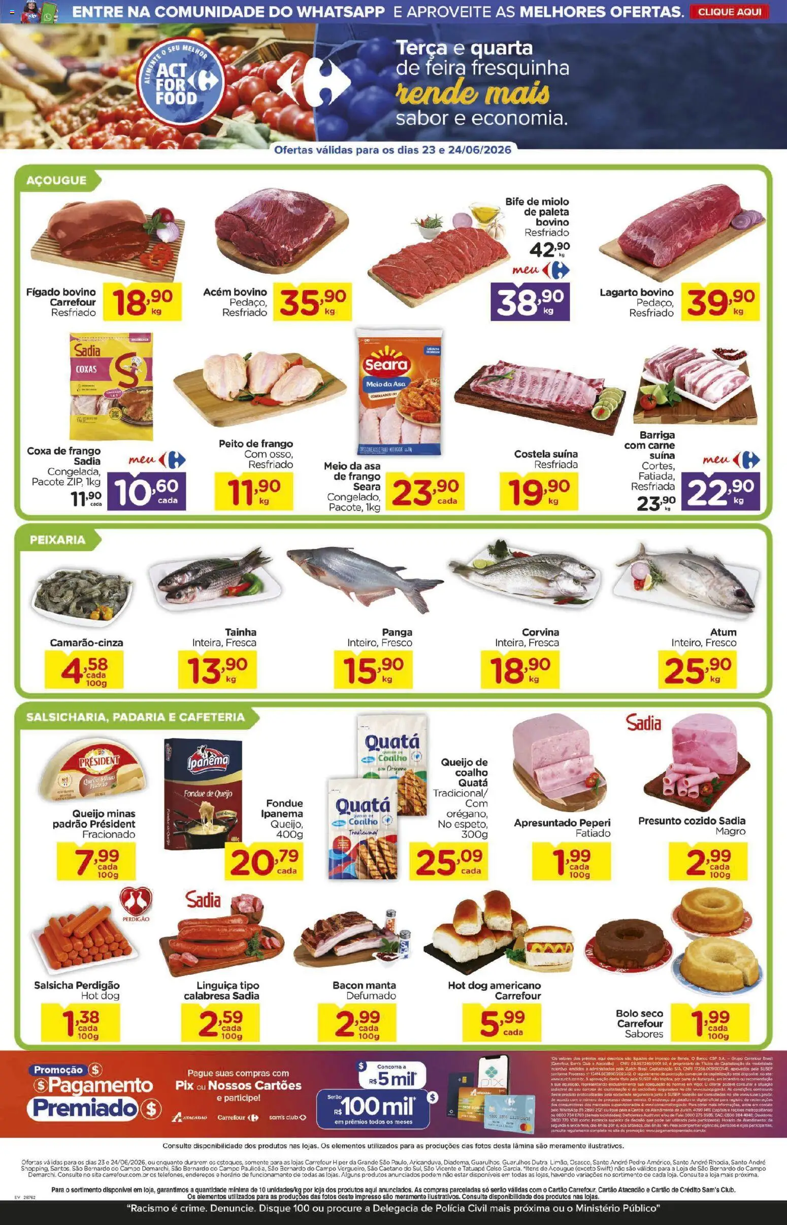 Carrefour Folheto - válido de 23/06/2026 | Página: 2 | Produtos: Salsicha, Carne, Bolo, Peito de frango
