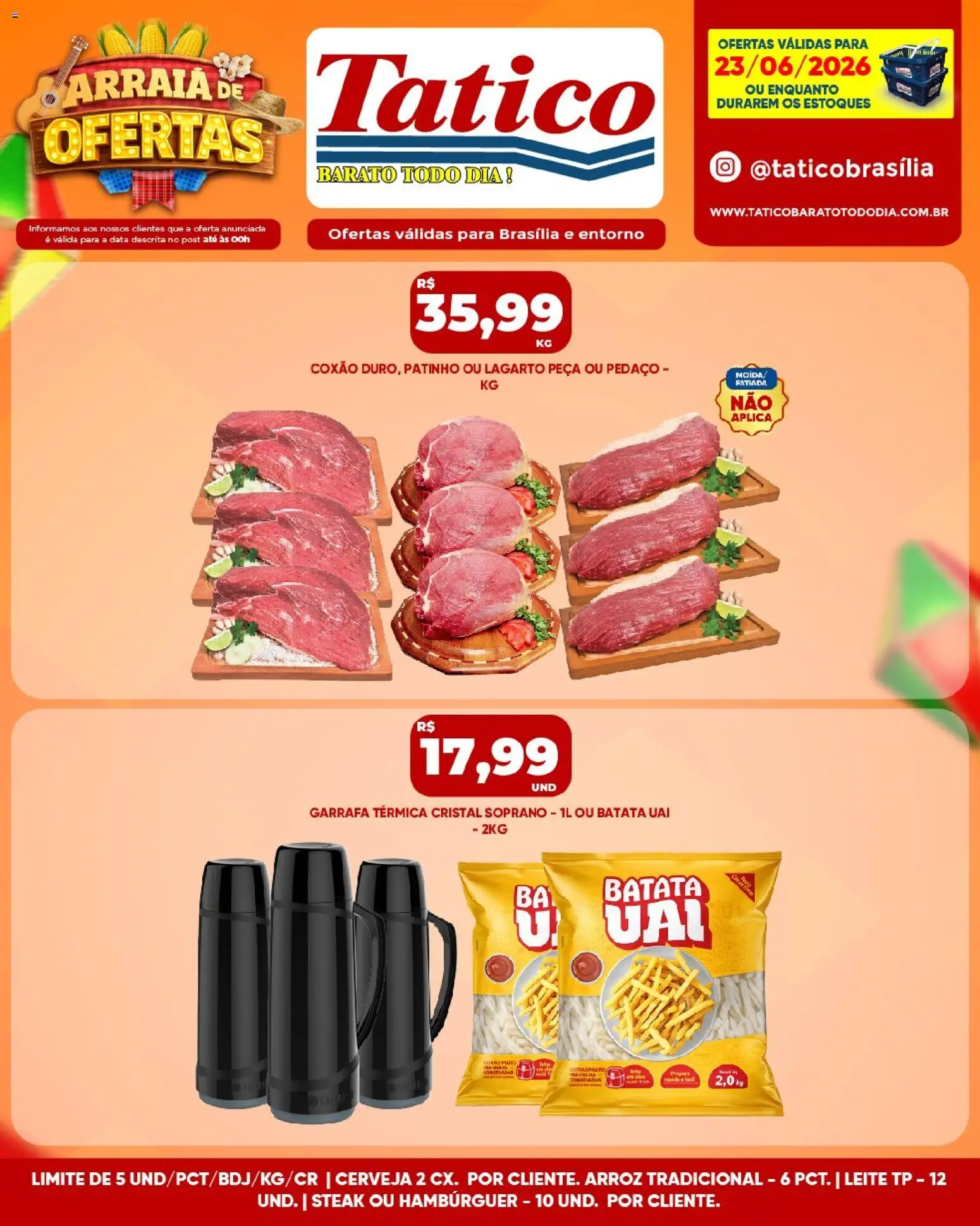 Tatico Folheto - válido de 23/06/2026 | Página: 12 | Produtos: Garrafa térmica, Cerveja, Arroz, Hambúrguer