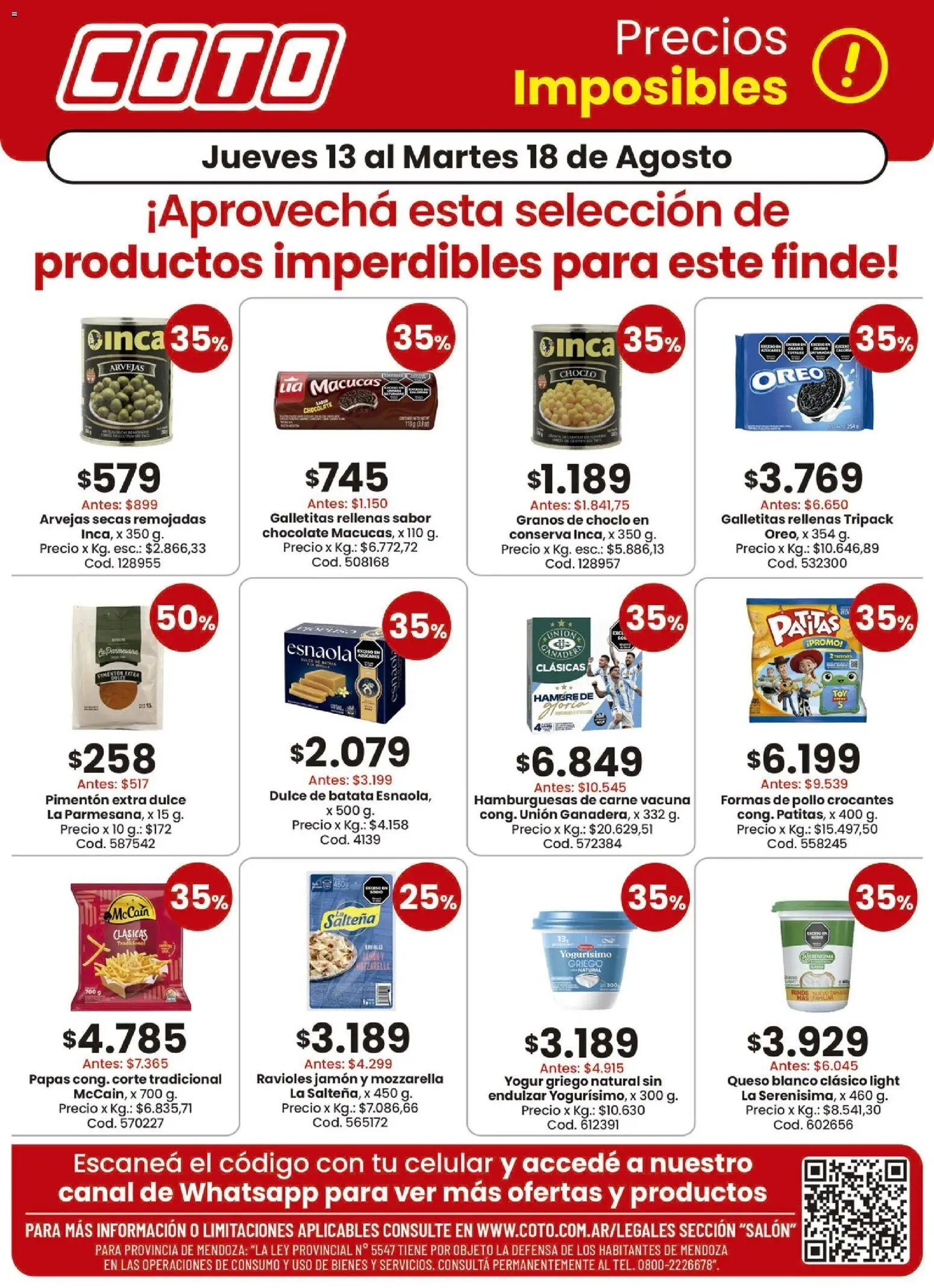 Coto - Salon Productos Motivo │ válido desde el 13/08/2026 | Página: 1 | Productos: Pollo, Arvejas, Dulce, Ravioles