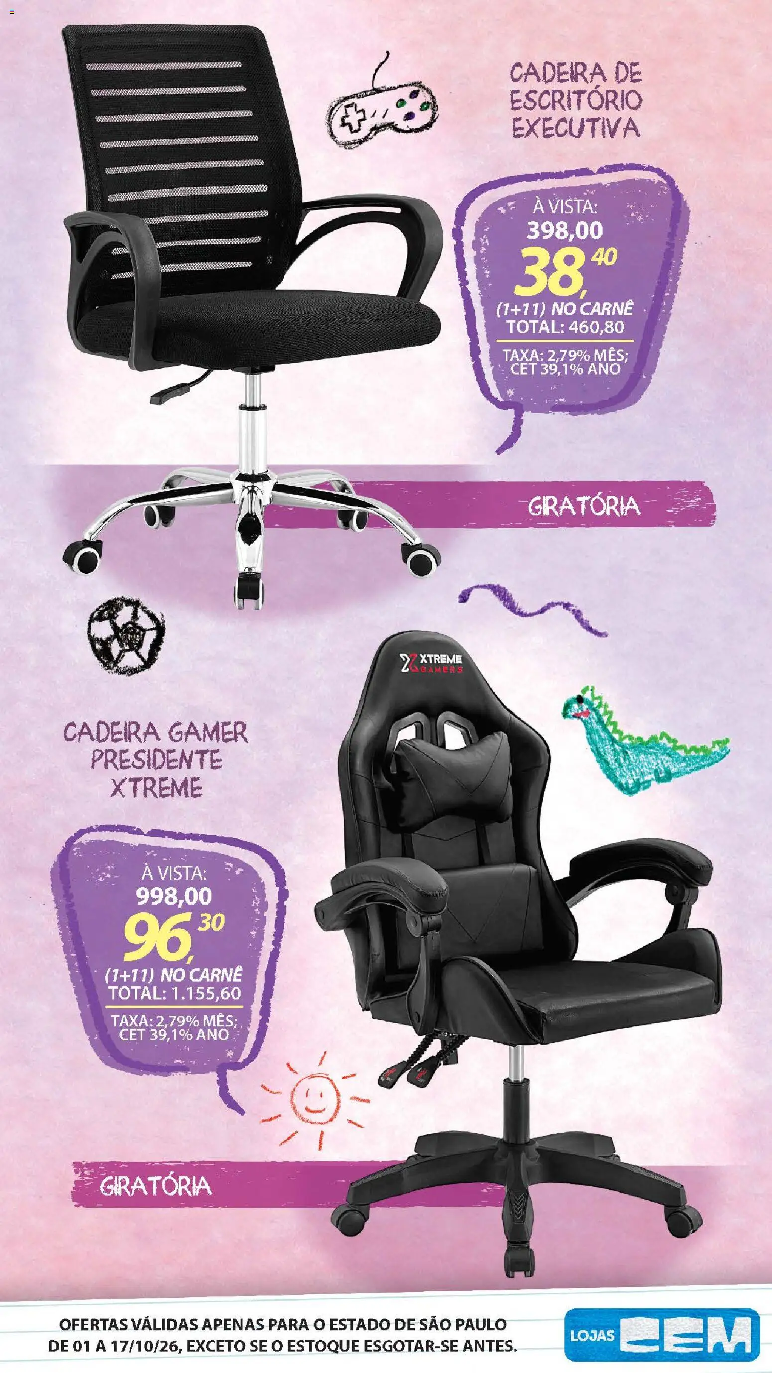 Lojas Cem Folheto - válido de 01/10/2026 | Página: 43 | Produtos: Cadeira gamer, Cadeira, Cadeira de escritório, Carne