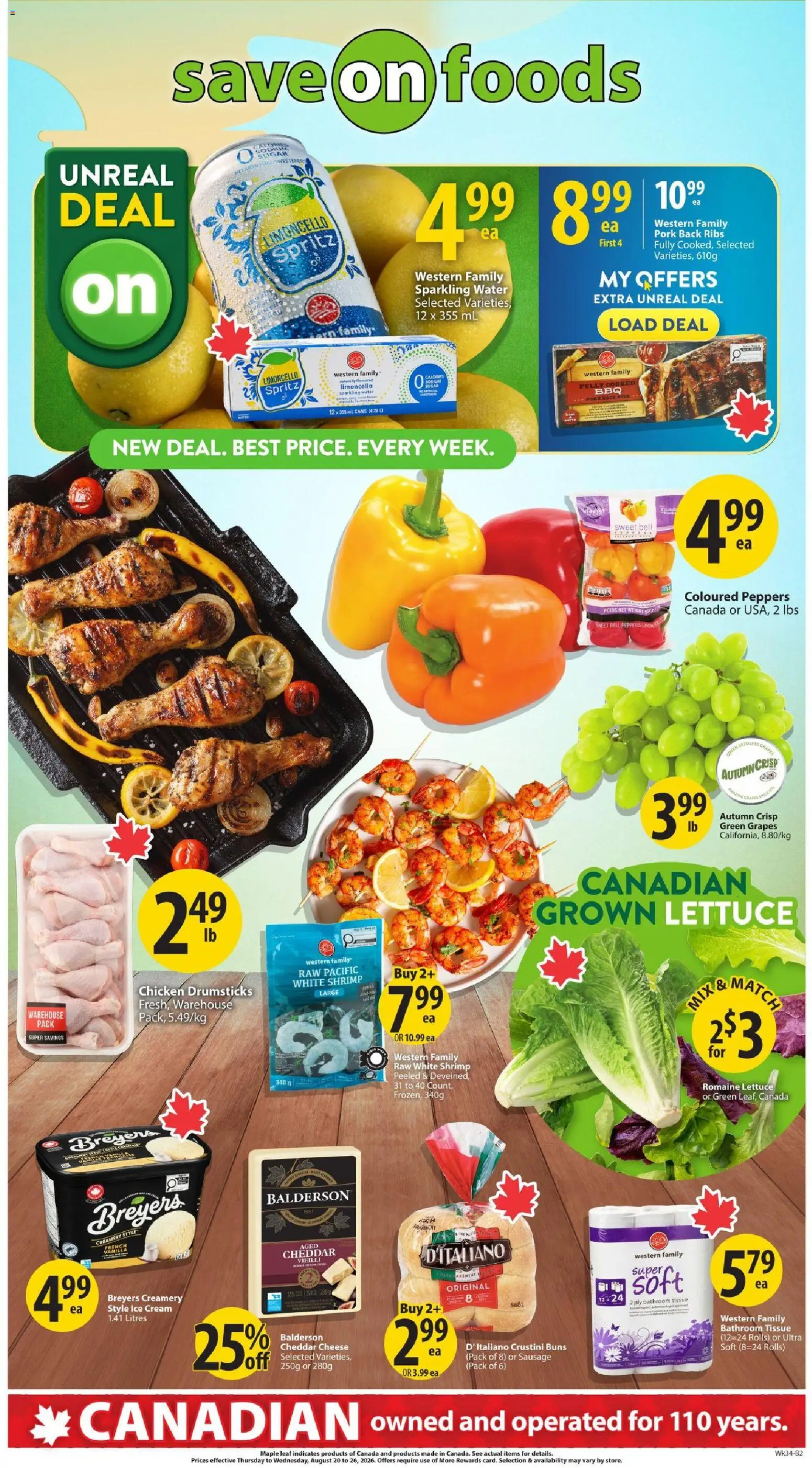 Save on foods flyer valid from Aug 20, 2026 | Page: 1 | Products: Water, Sausage, Chicken drumsticks, Ice