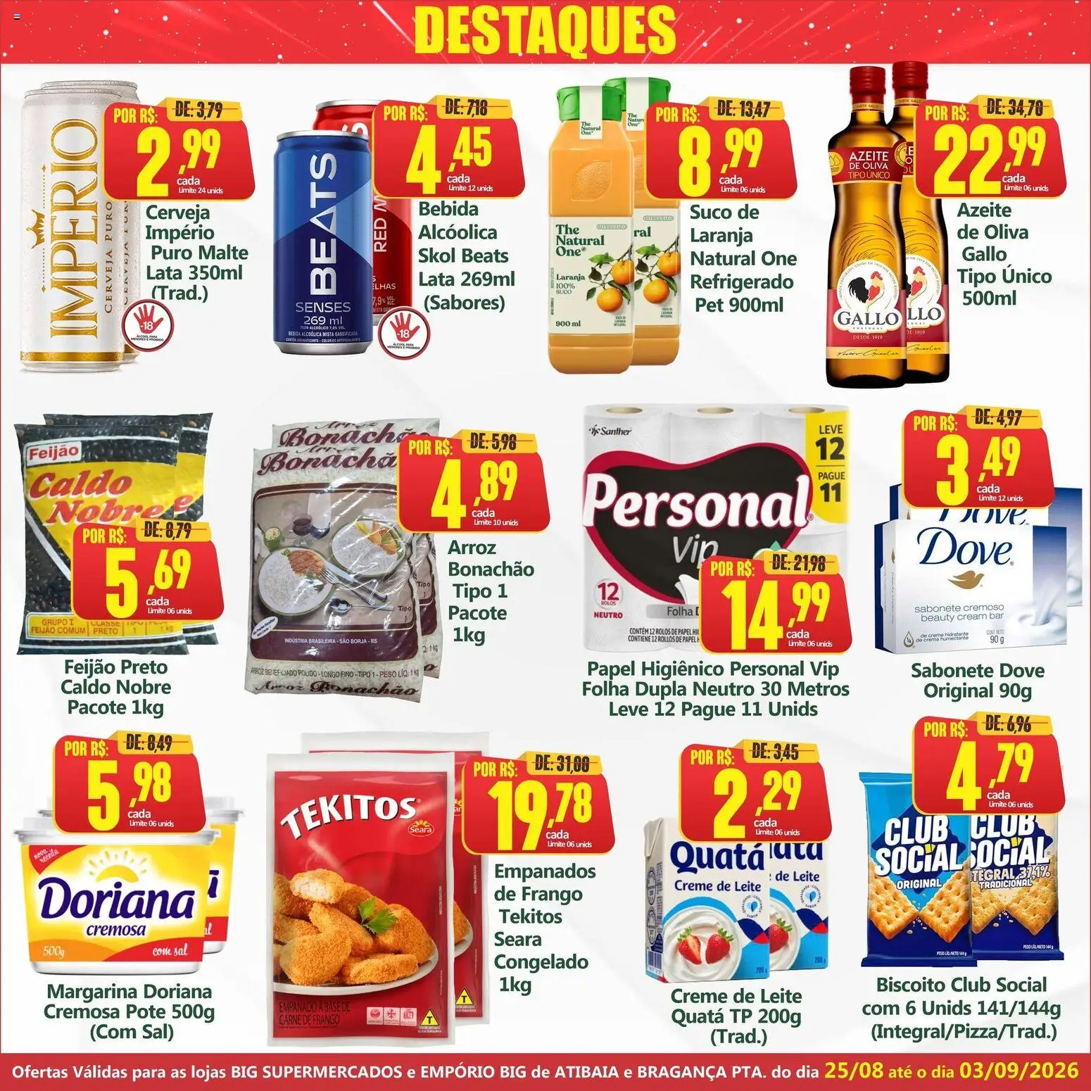 Big Supermercados Folheto - válido de 25/08/2026 | Página: 2 | Produtos: Doriana, Carne, Dove, Azeite