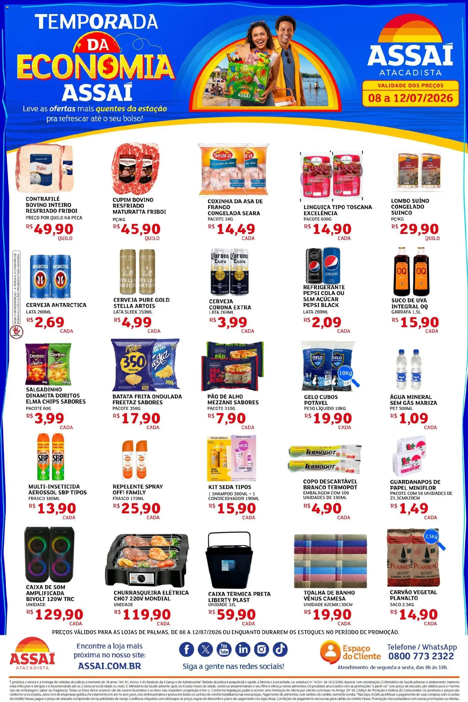 Assaí Atacadista Folheto - válido de 08/07/2026 | Página: 1 | Produtos: Carvão vegetal, Pimenta, Linguiça, Cerveja
