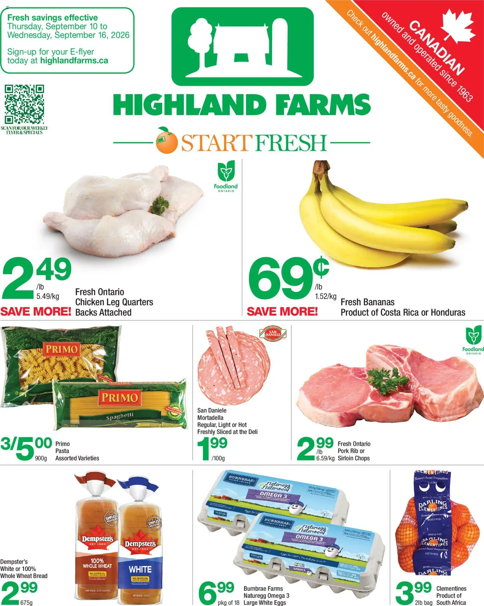 Highland Farms flyer valid from Sep 10, 2026 | Page: 1 | Products: Pasta, Spaghetti, Omega 3, Bananas
