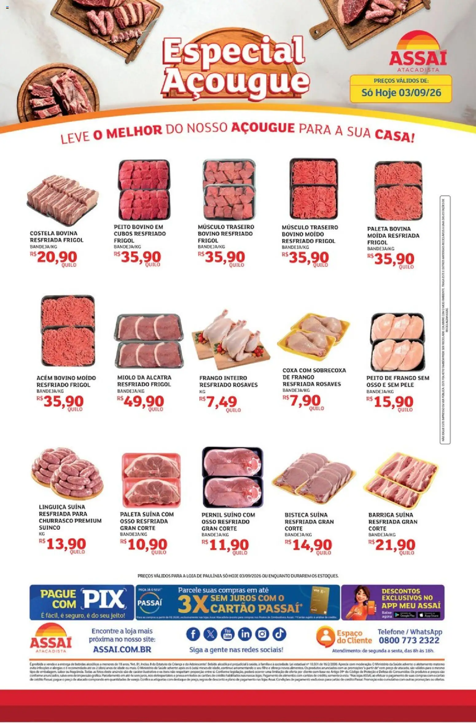 Assaí Atacadista Folheto - válido de 03/09/2026 | Página: 1 | Produtos: Frango inteiro, Linguiça, Costela bovina, Pernil