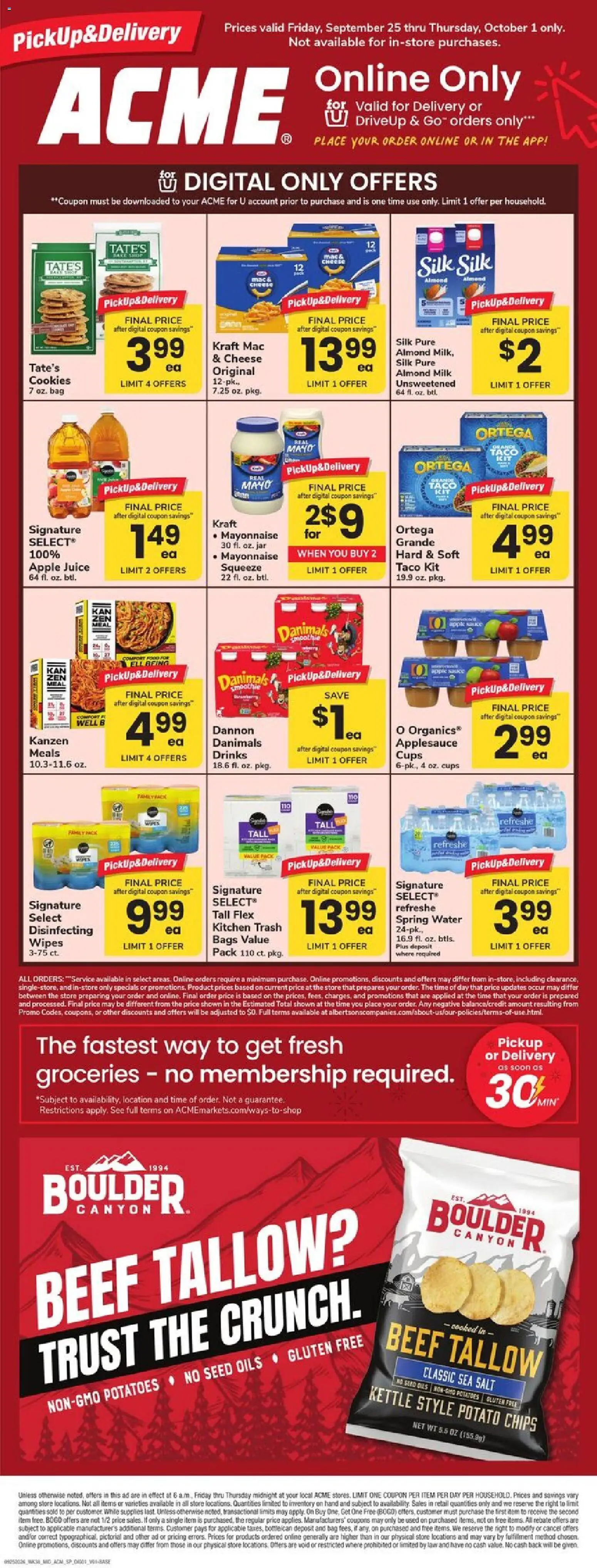 Acme Specialty Publication - valid from 09/25/2026 | Page: 1 | Products: Cheese, Juice, Beef, Potatoes