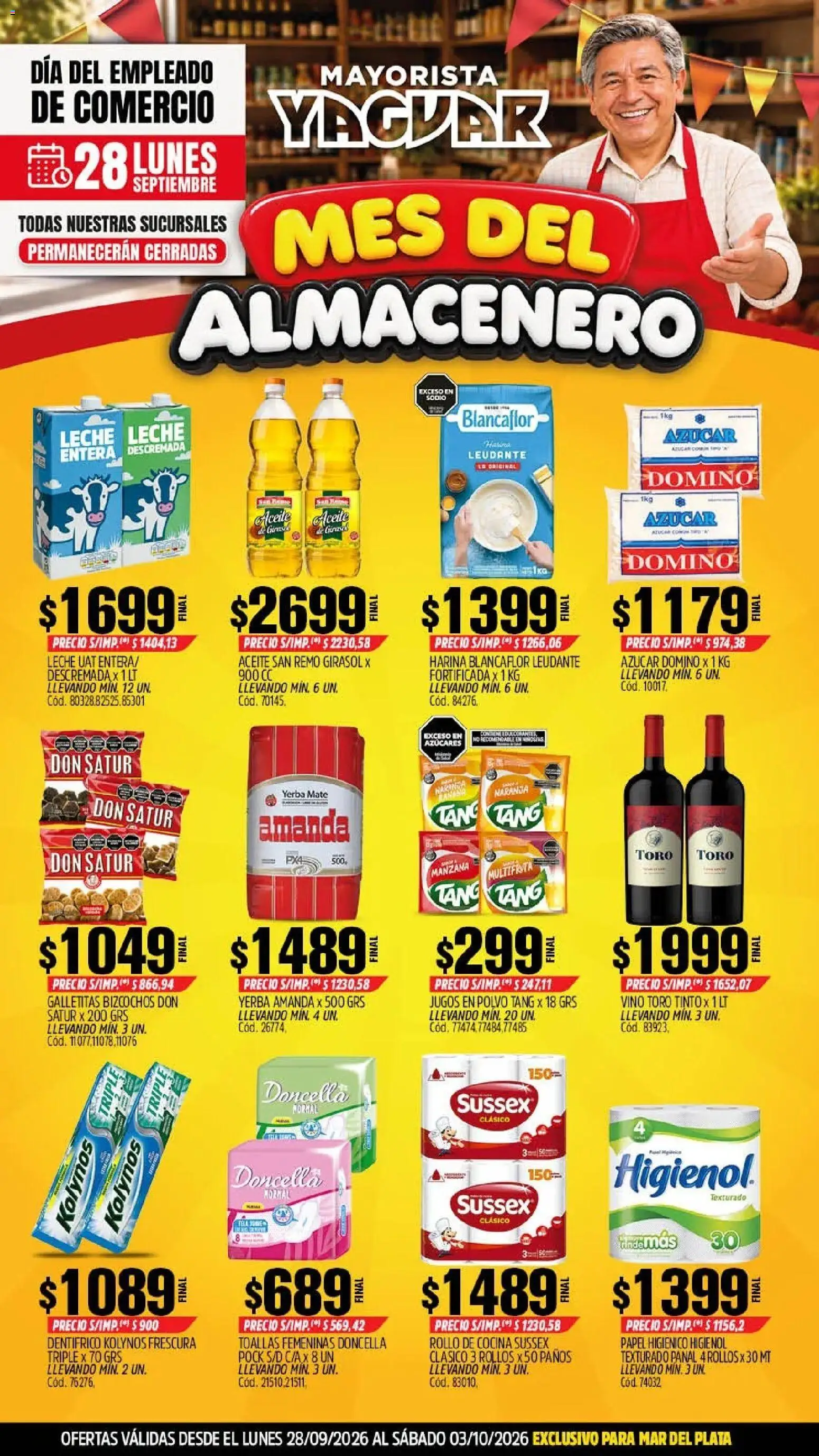 Yaguar - Oferta Semanal Mar del Plata │ válido desde el 28/09/2026 | Página: 1 | Productos: Toallas, Azucar, Leche, Bizcochos