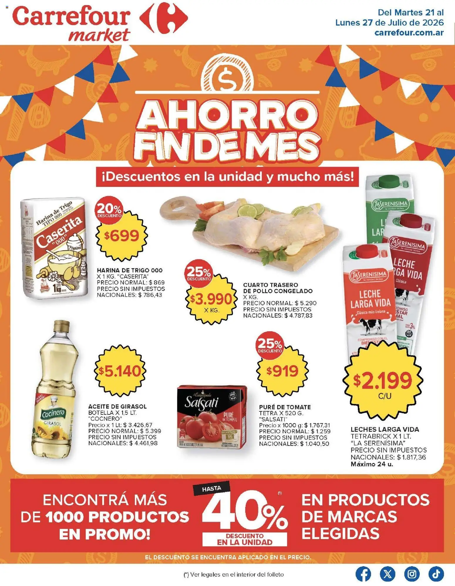 Carrefour Market catálogo │ válido desde el 21/07/2026 | Página: 1 | Productos: Botella, Pollo, Aceite, Pure de Tomate