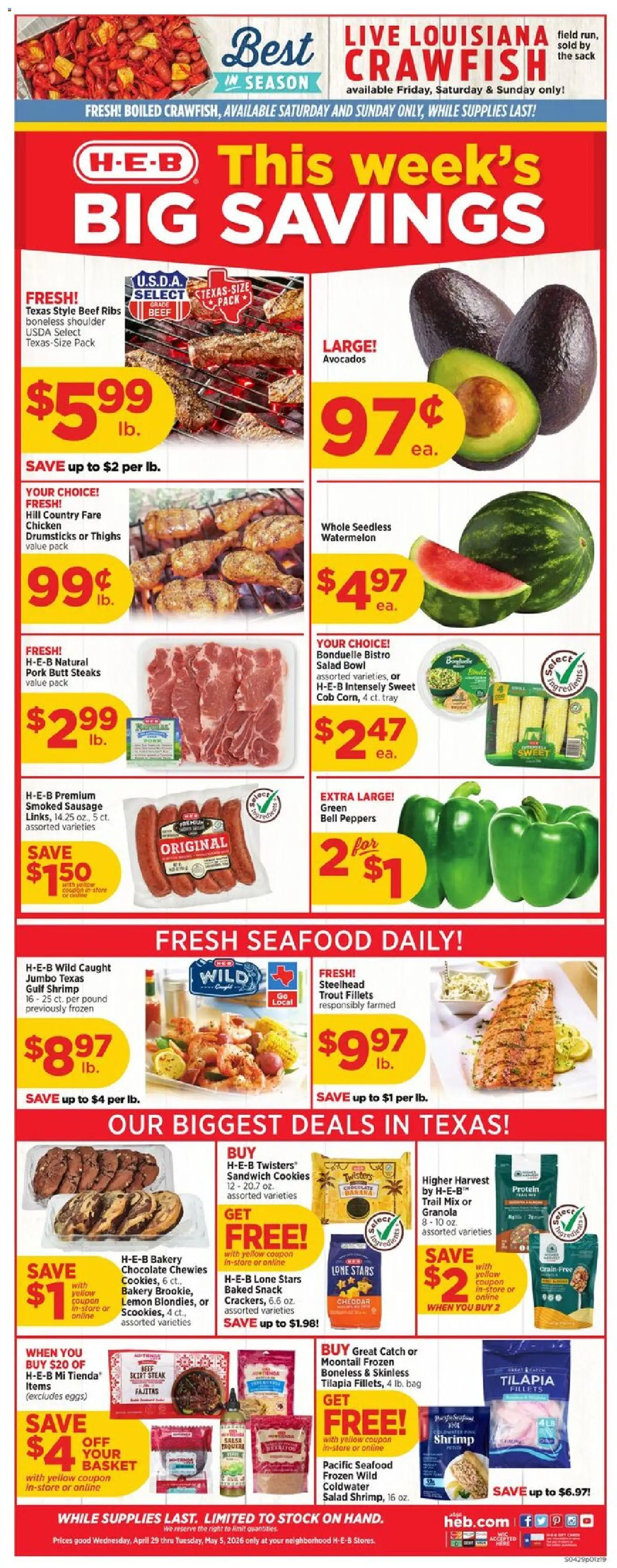 H-E-B Weekly Ad - valid from 29.04.2026 | Page: 1 | Products: Pork, Beef, Salad, Lemon