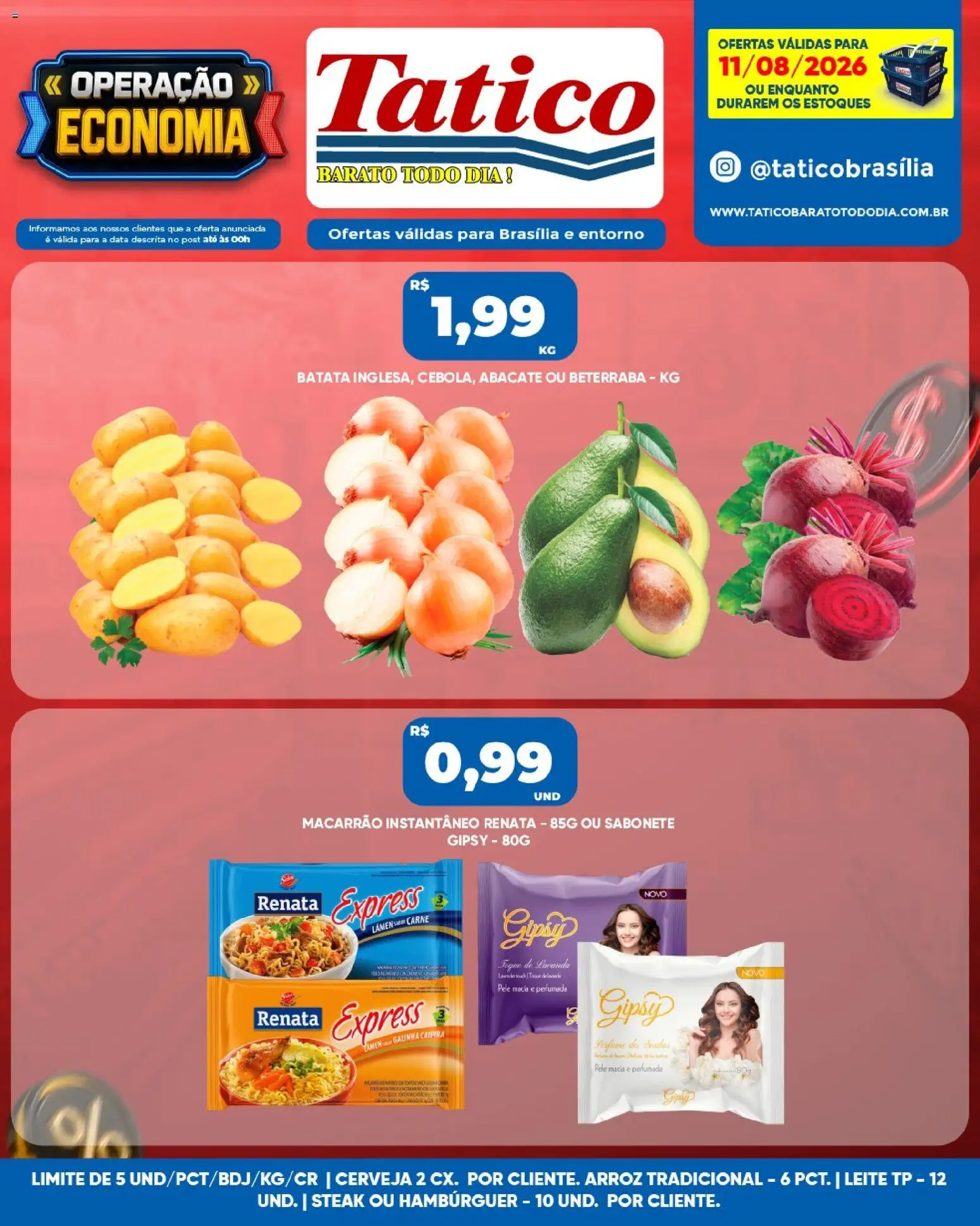 Tatico Folheto - válido de 11/08/2026 | Página: 1 | Produtos: Leite, Cerveja, Arroz, Macarrão instantâneo