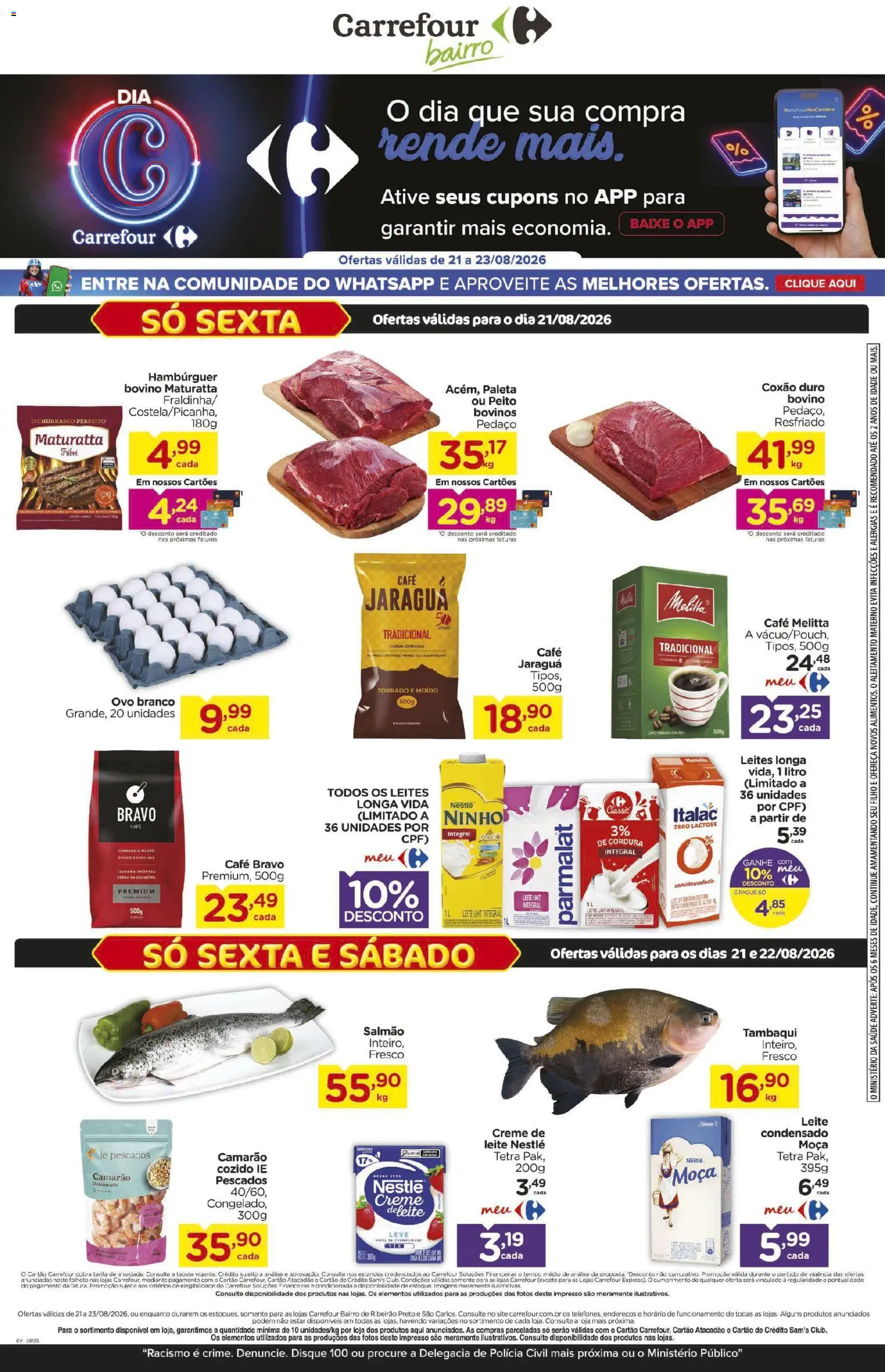 Carrefour Bairro Folheto - válido de 21/08/2026 | Página: 1 | Produtos: Salmão, Leite, Camarão, Café