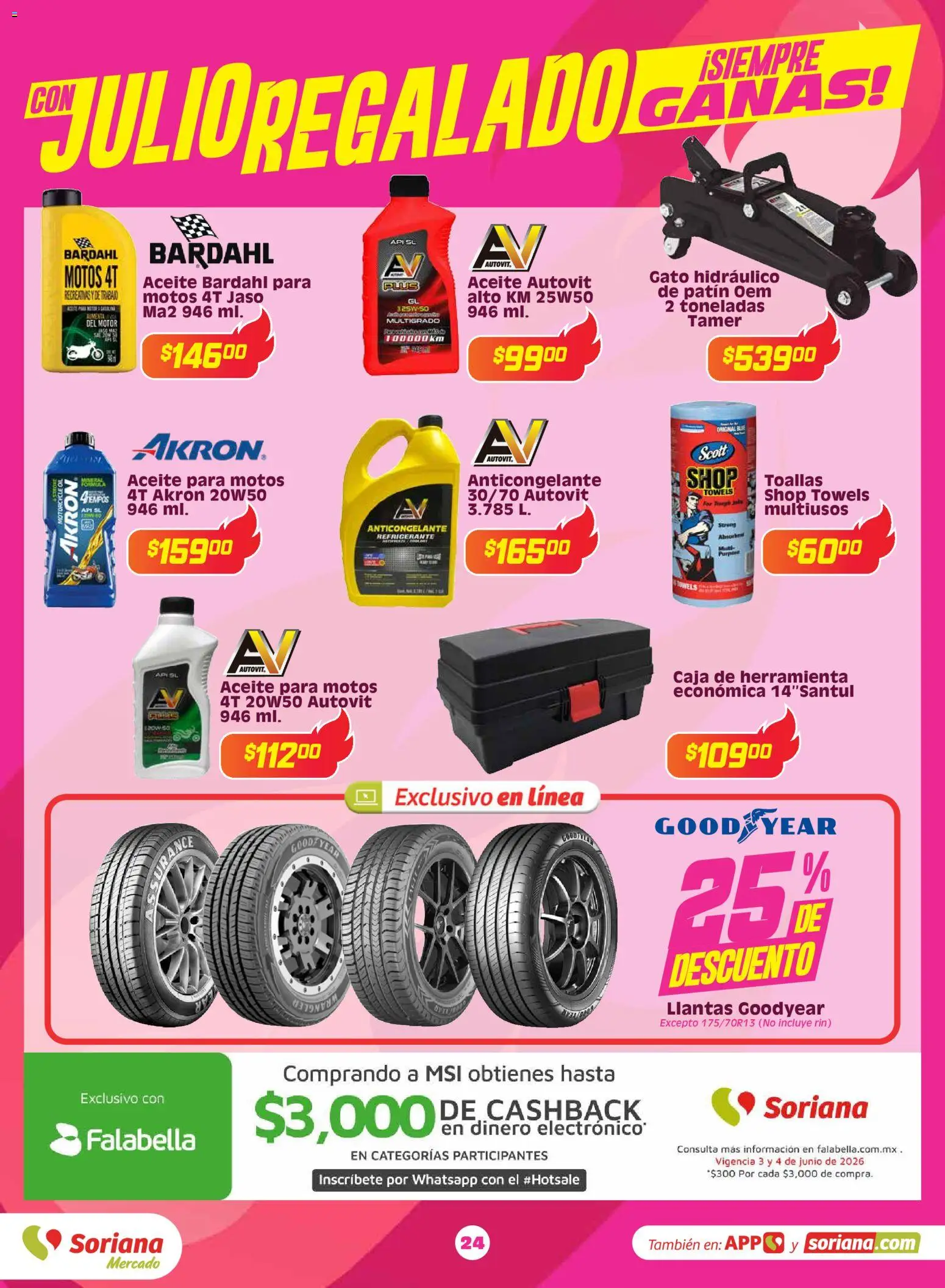 Nuevas ofertas de Soriana válidas en toda la República Mexicana desde el 03.06.2026. ¡Encuentra las mejores ofertas en Soriana Con Julio Regalado siempre ganas Mercado Nacional! | Página: 23 | Productos: Aceite, Caja, Toallas