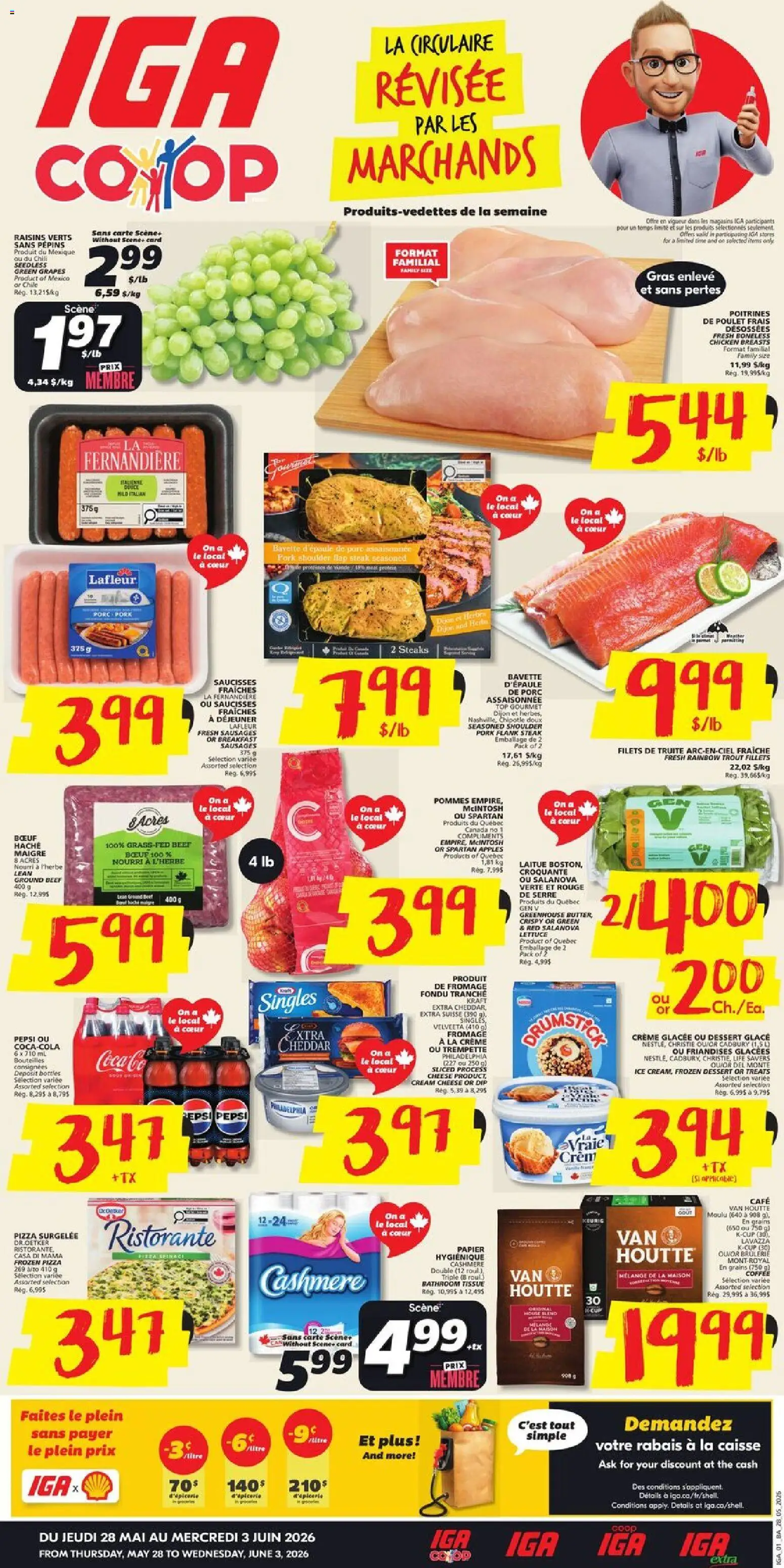 IGA flyer valid from 28.05.2026 | Page: 1 | Products: Beef, Cream, Chicken breasts, Chicken