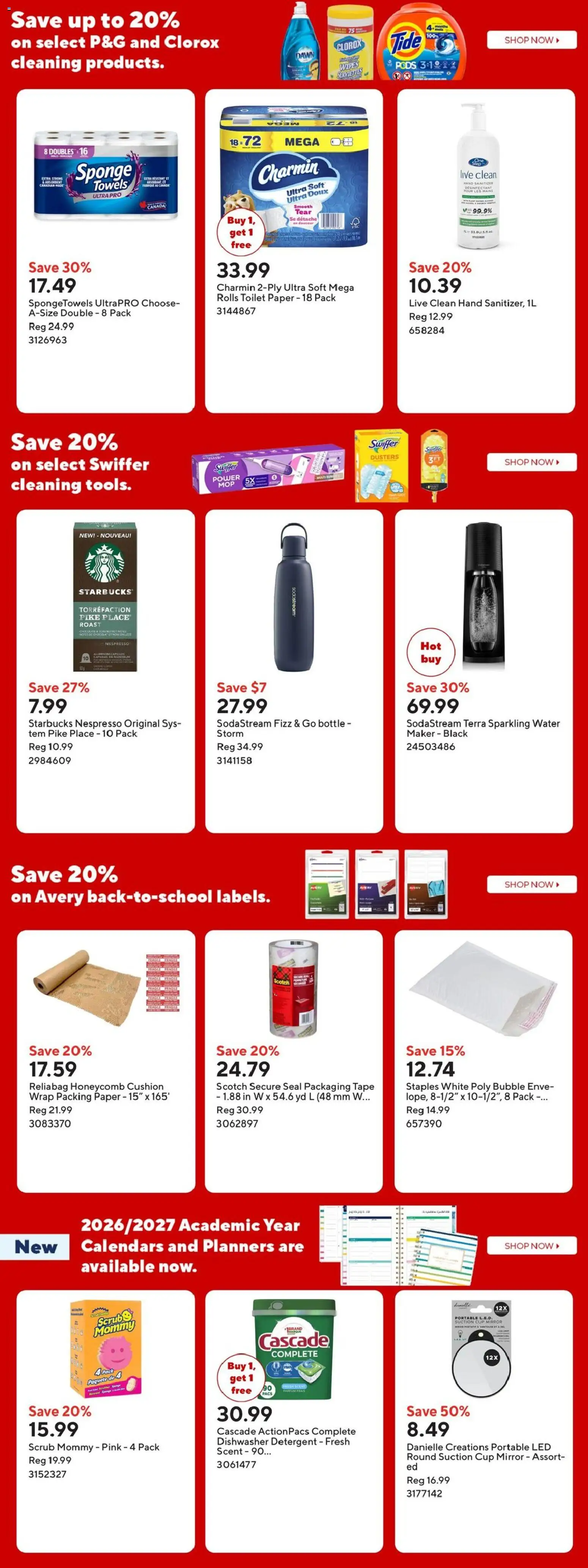 Staples flyer valid from Jul 17, 2026 | Page: 4 | Products: Water, Dishwasher, Hand sanitizer, Towels