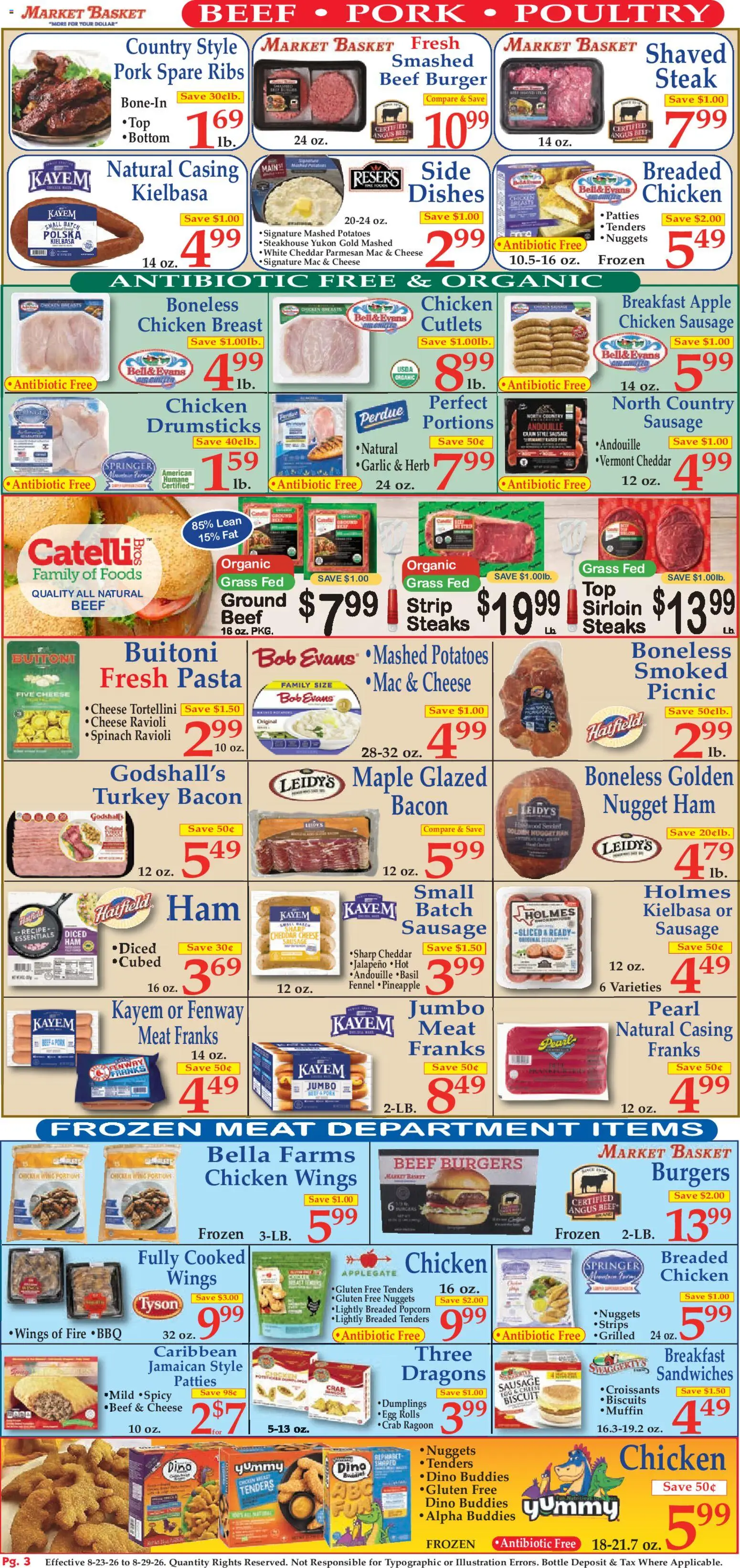 Market Basket Ad - valid from 08/23/2026 | Page: 3 | Products: Spinach, Ham, Sausage, Pear