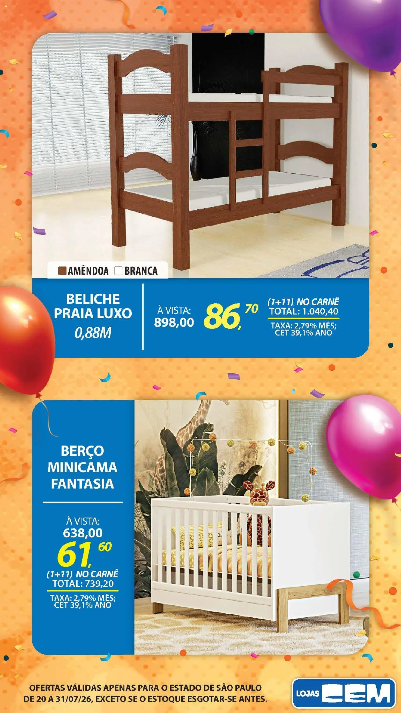 Lojas Cem Folheto - válido de 20/07/2026 | Página: 105 | Produtos: Fantasia, Berço, Carne