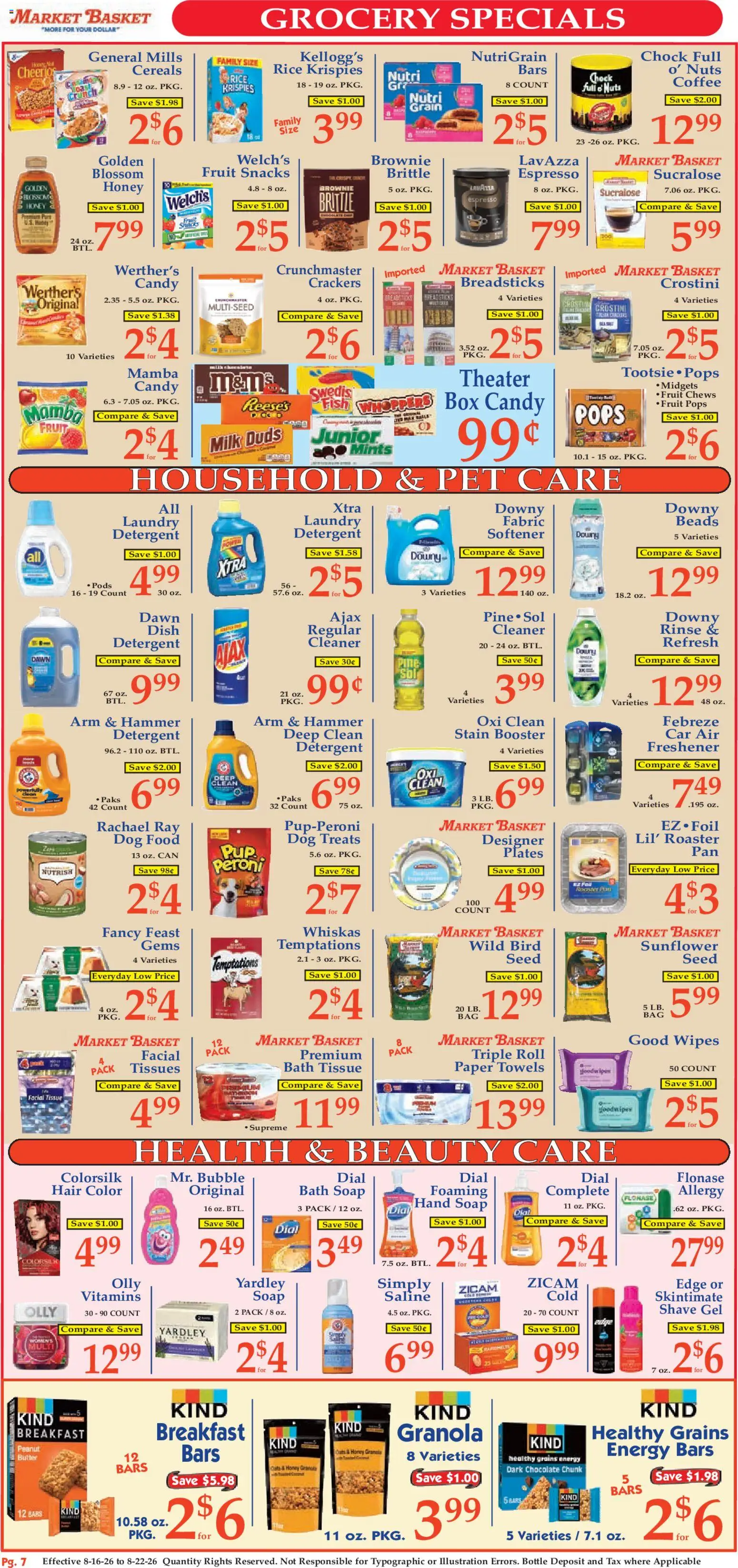 Market Basket Ad - valid from 08/16/2026 | Page: 7 | Products: Bath, Dog Treats, Chocolate, Tissues