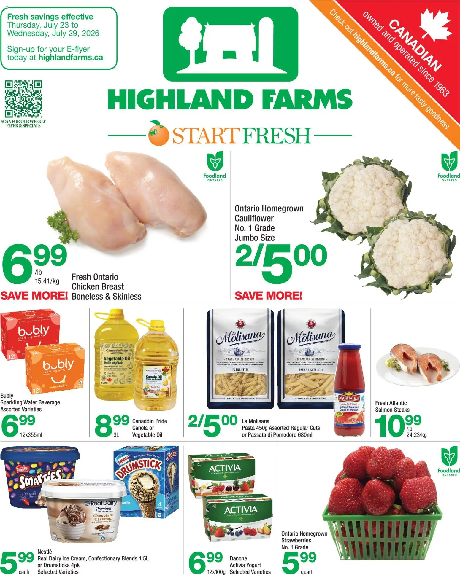 Highland Farms flyer valid from Jul 23, 2026 | Page: 1 | Products: Strawberries, Pasta, Yogurt, Chocolate