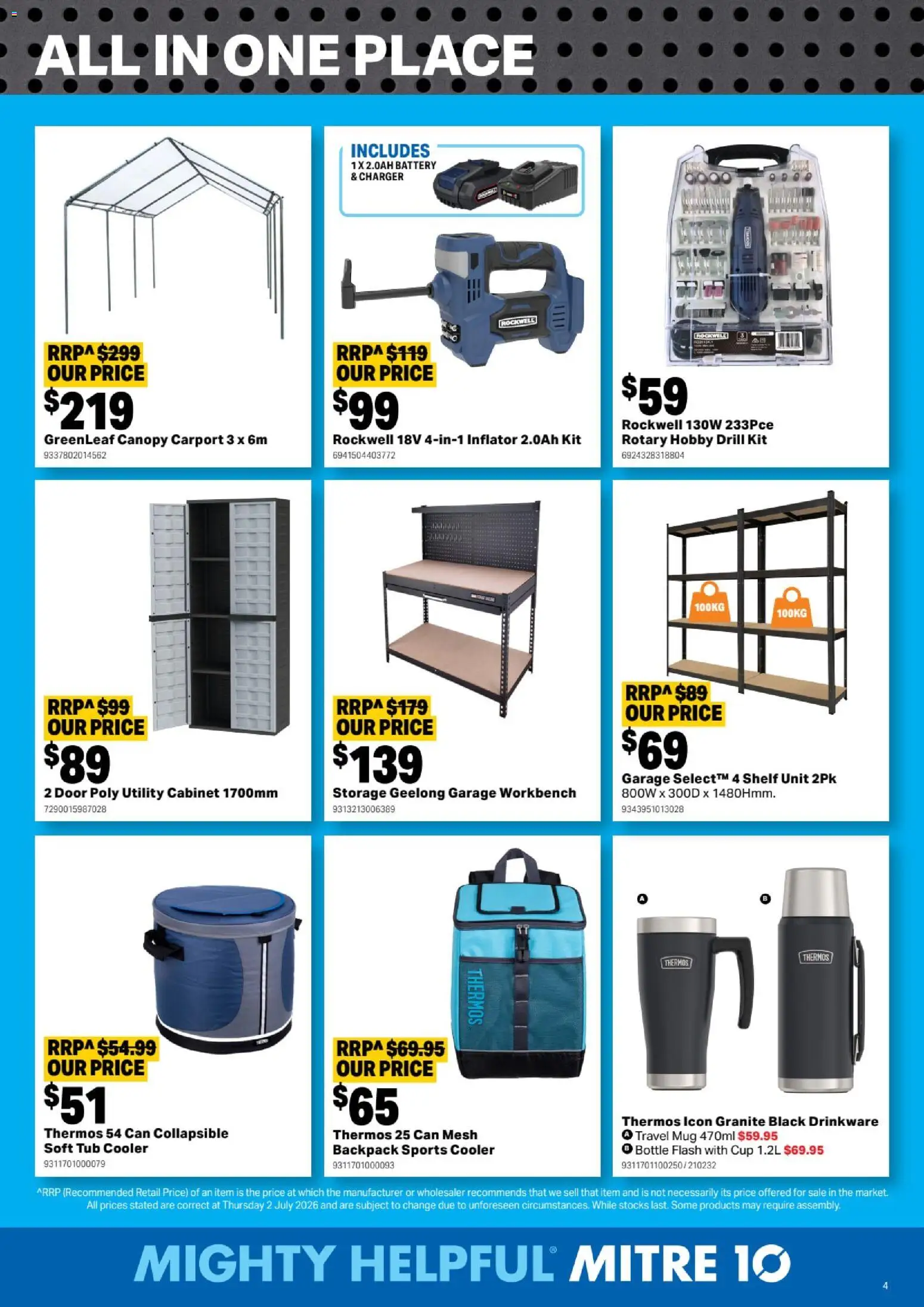 Mitre 10 catalogue - valid from 12/08/2026 | Page: 4 | Products: Cabinet, Carport, Battery, Backpack