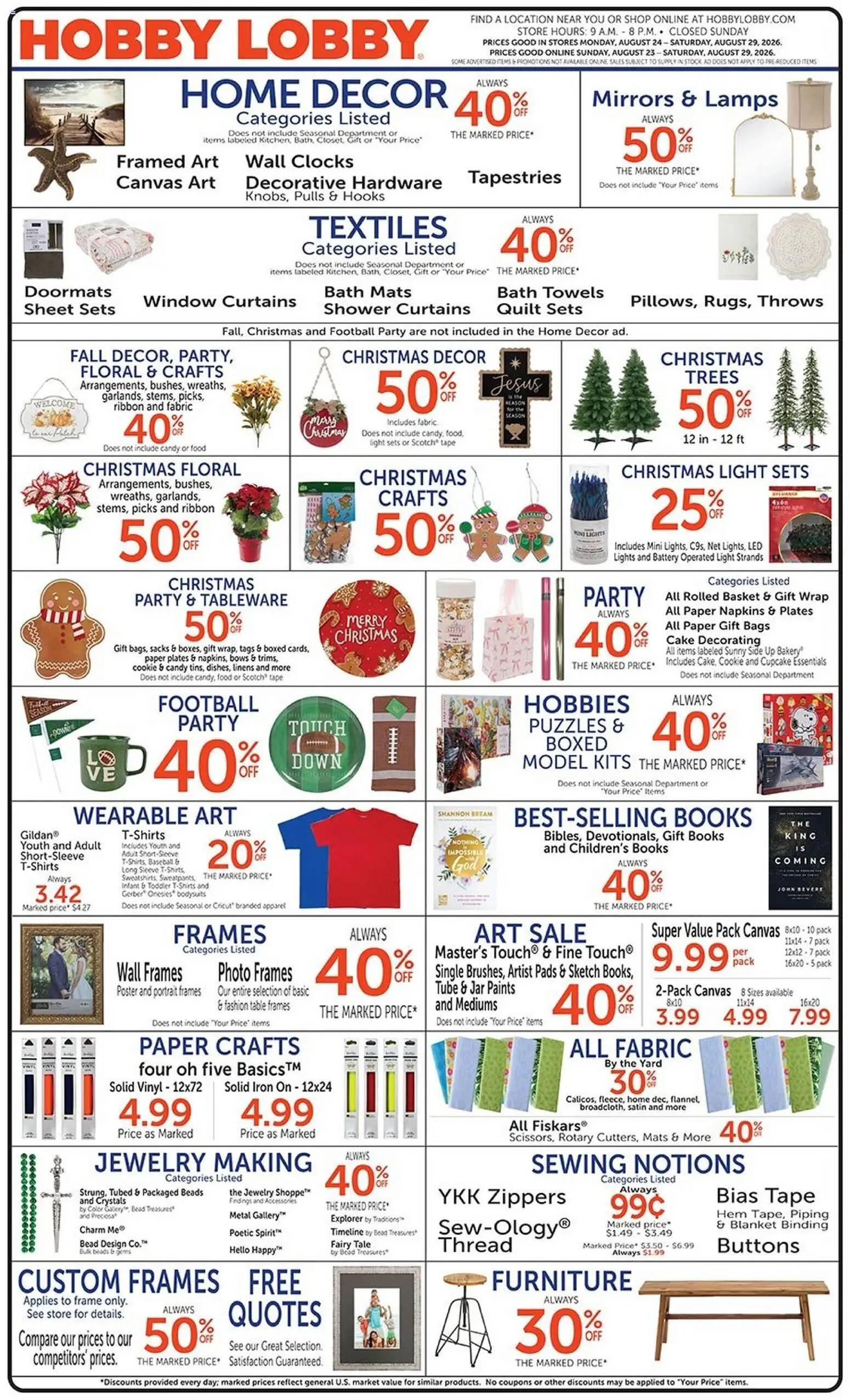 Hobby Lobby Weekly Ad - valid from 08/23/2026 | Page: 1 | Products: Canvas, Bath, Candy, Books