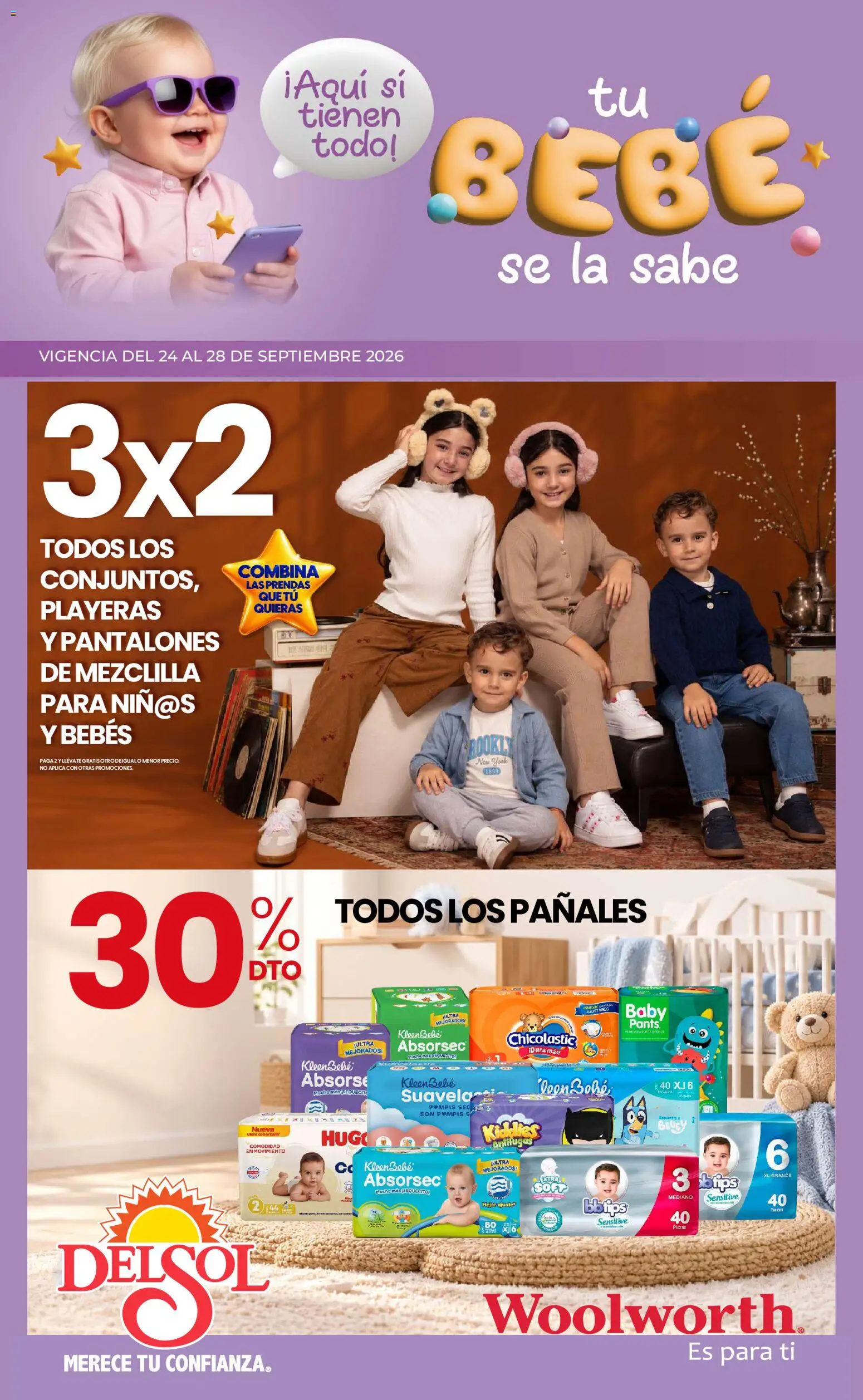 Nuevas ofertas de Del Sol y Woolworth válidas en toda la República Mexicana desde el 24/09/2026. ¡Encuentra las mejores ofertas en Del Sol y Woolworth catálogo! | Página: 1 | Productos: Pantalones, Pañales, Pantalones de mezclilla, Pants