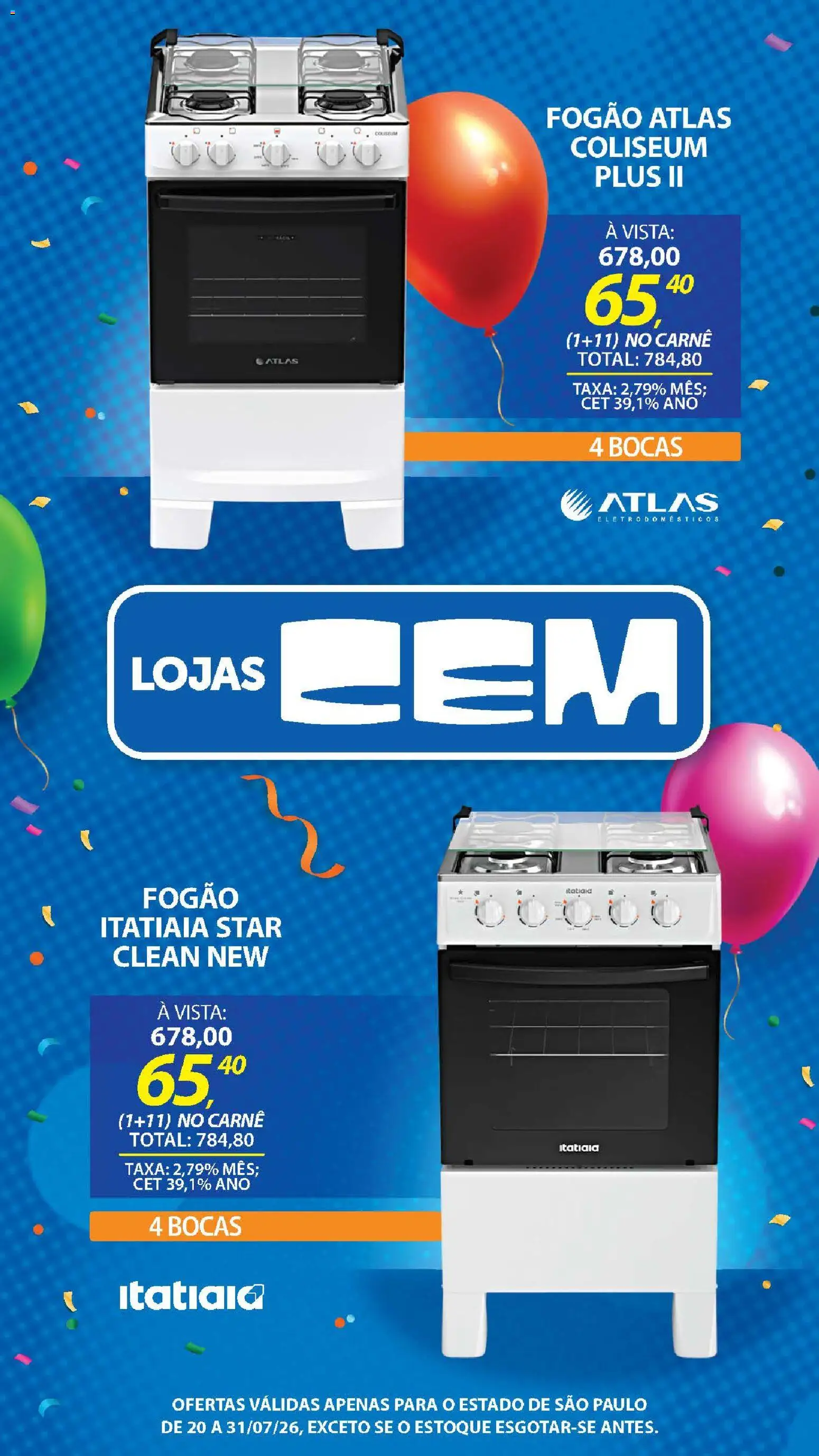 Lojas Cem Folheto - válido de 20/07/2026 | Página: 38 | Produtos: Fogão, Carne, Eletrodomésticos