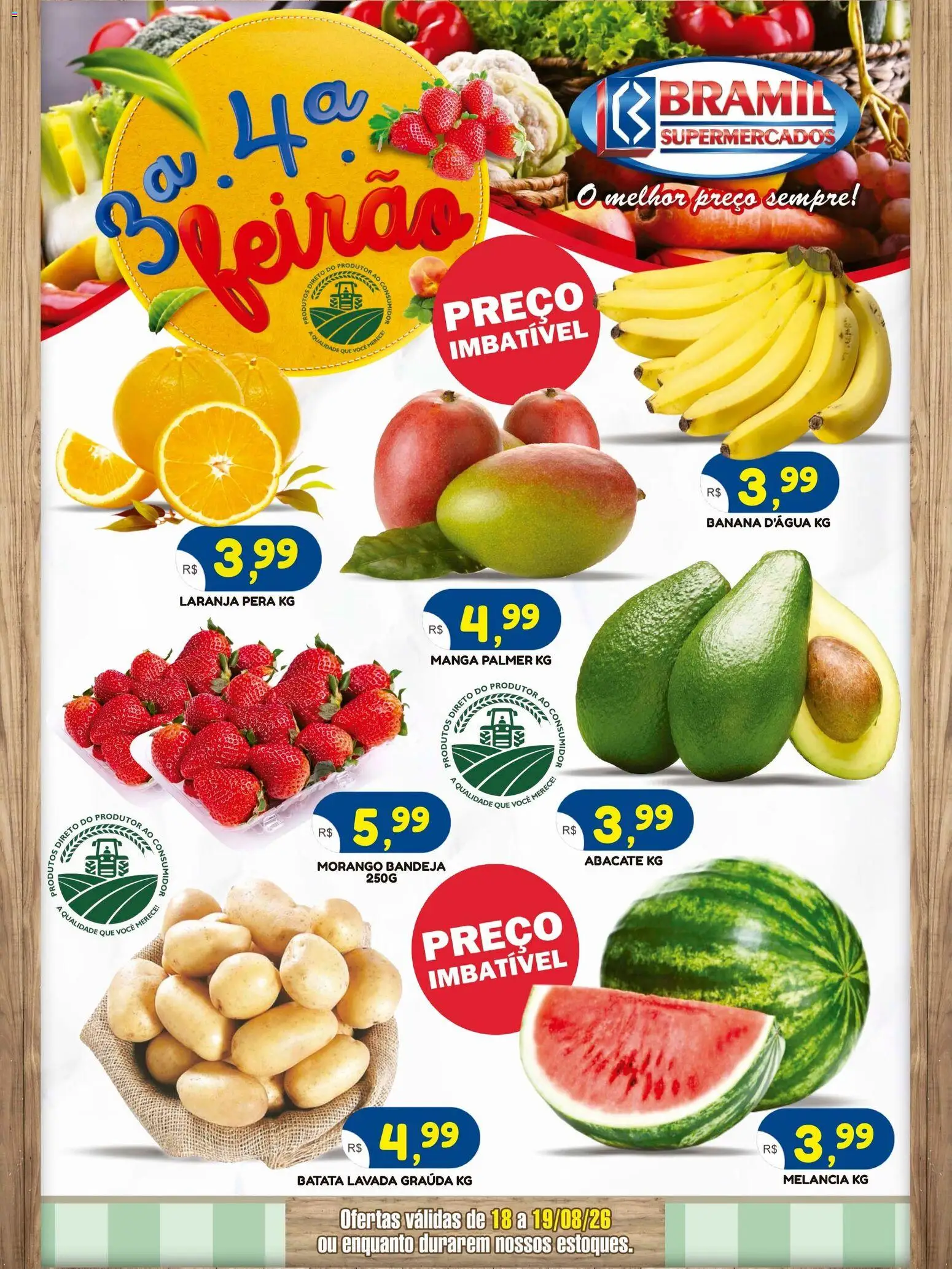 Bramil Supermercados Folheto - válido de 18/08/2026 | Página: 1 | Produtos: Melancia, Pera, Abacate, Batata