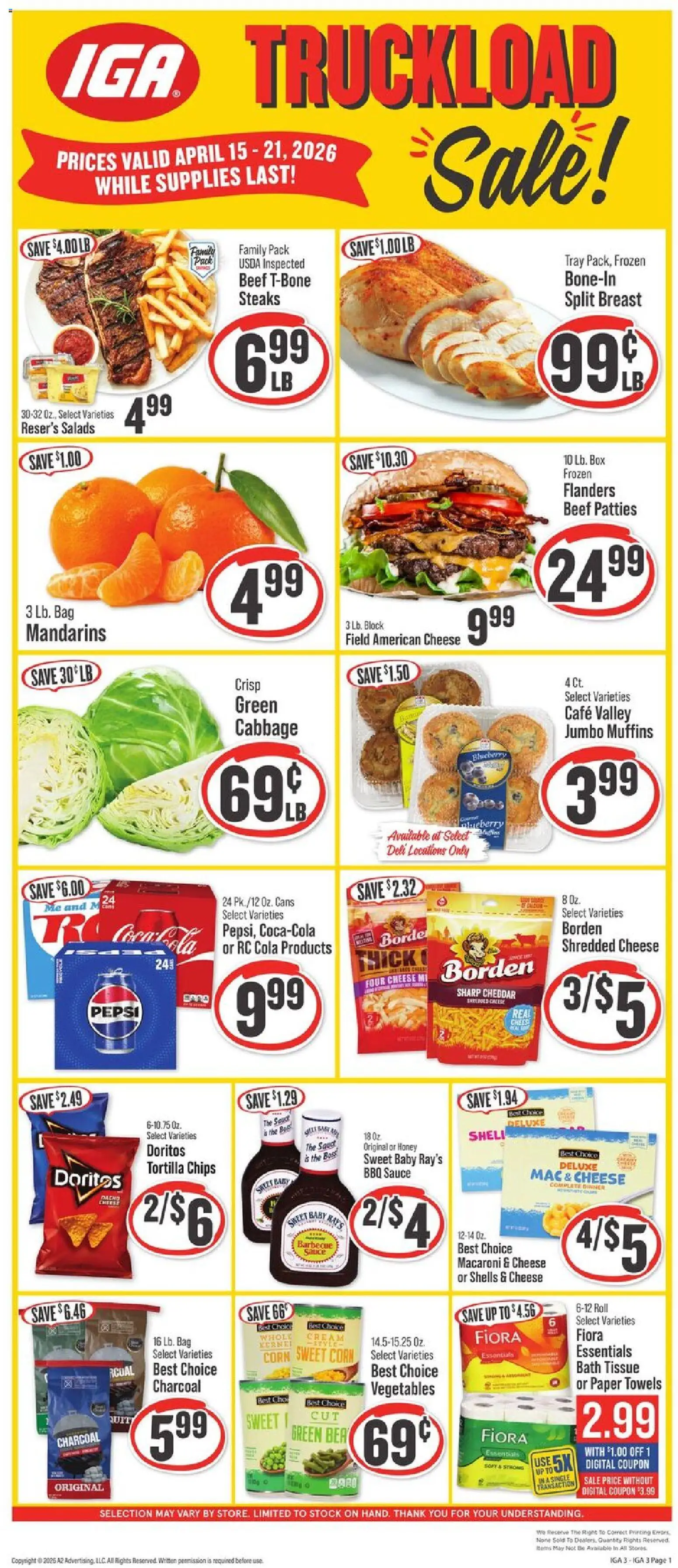 IGA Weekly Ad - valid from 15.04.2026 | Page: 1 | Products: Mandarins, Chips, Vegetables, Bag