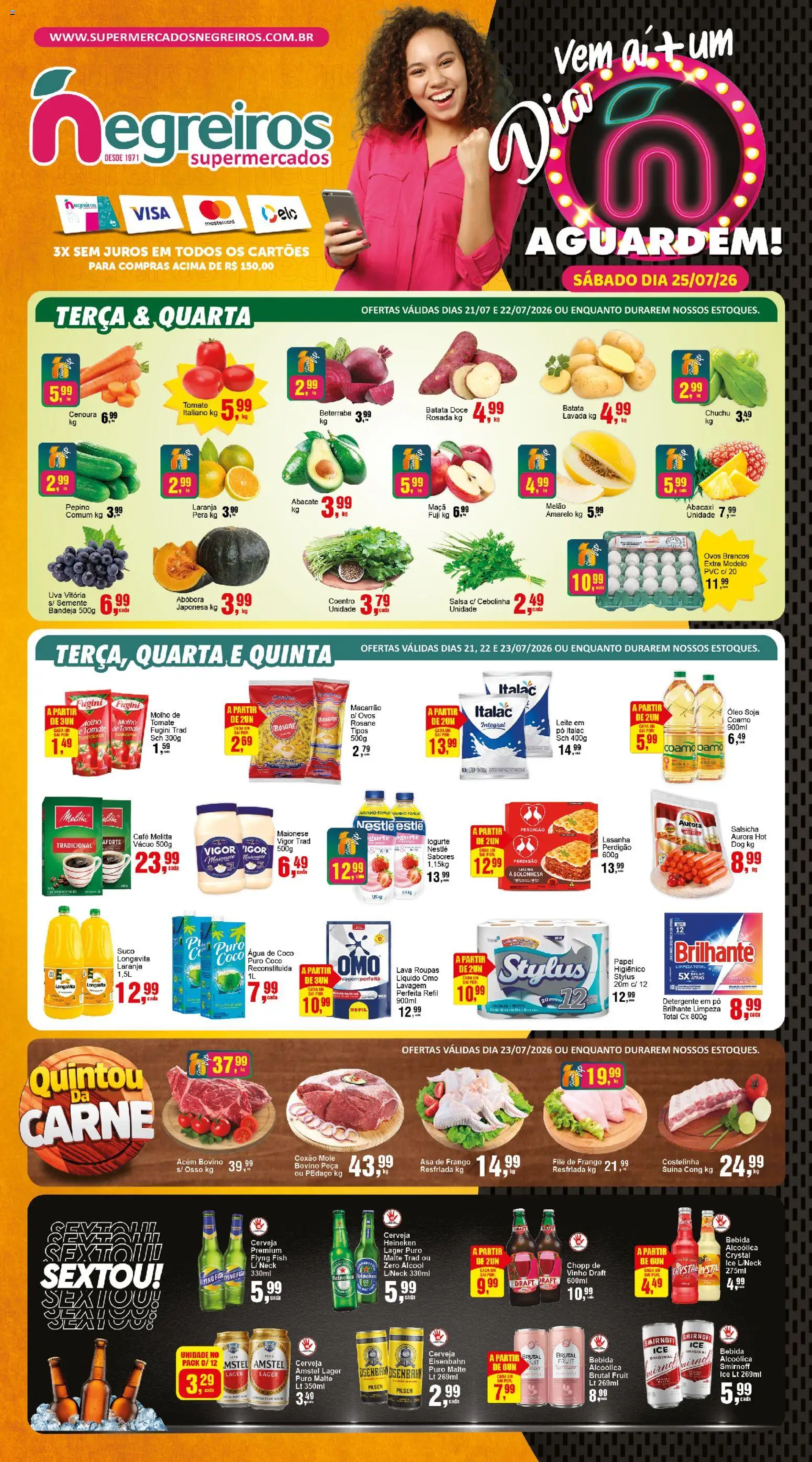 Negreiros Folheto - válido de 21/07/2026 | Página: 1 | Produtos: Salsicha, Café, Sal, Papel higiênico