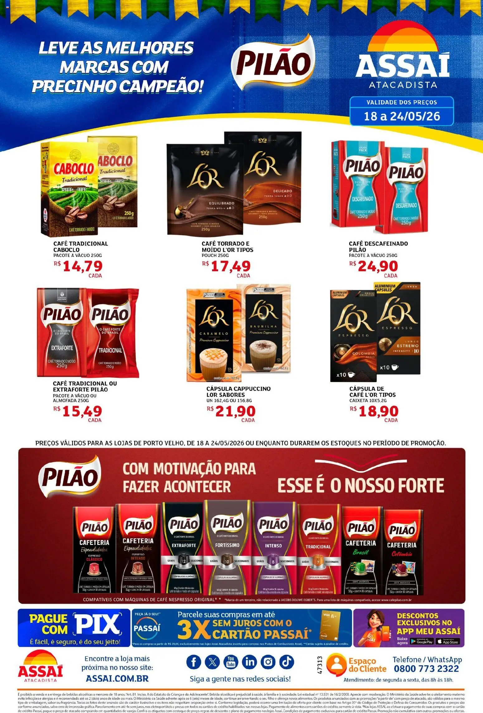 Assaí Atacadista Folheto - válido de 18.05.2026 | Página: 1 | Produtos: Almofada, Café, Bebida, Telefone