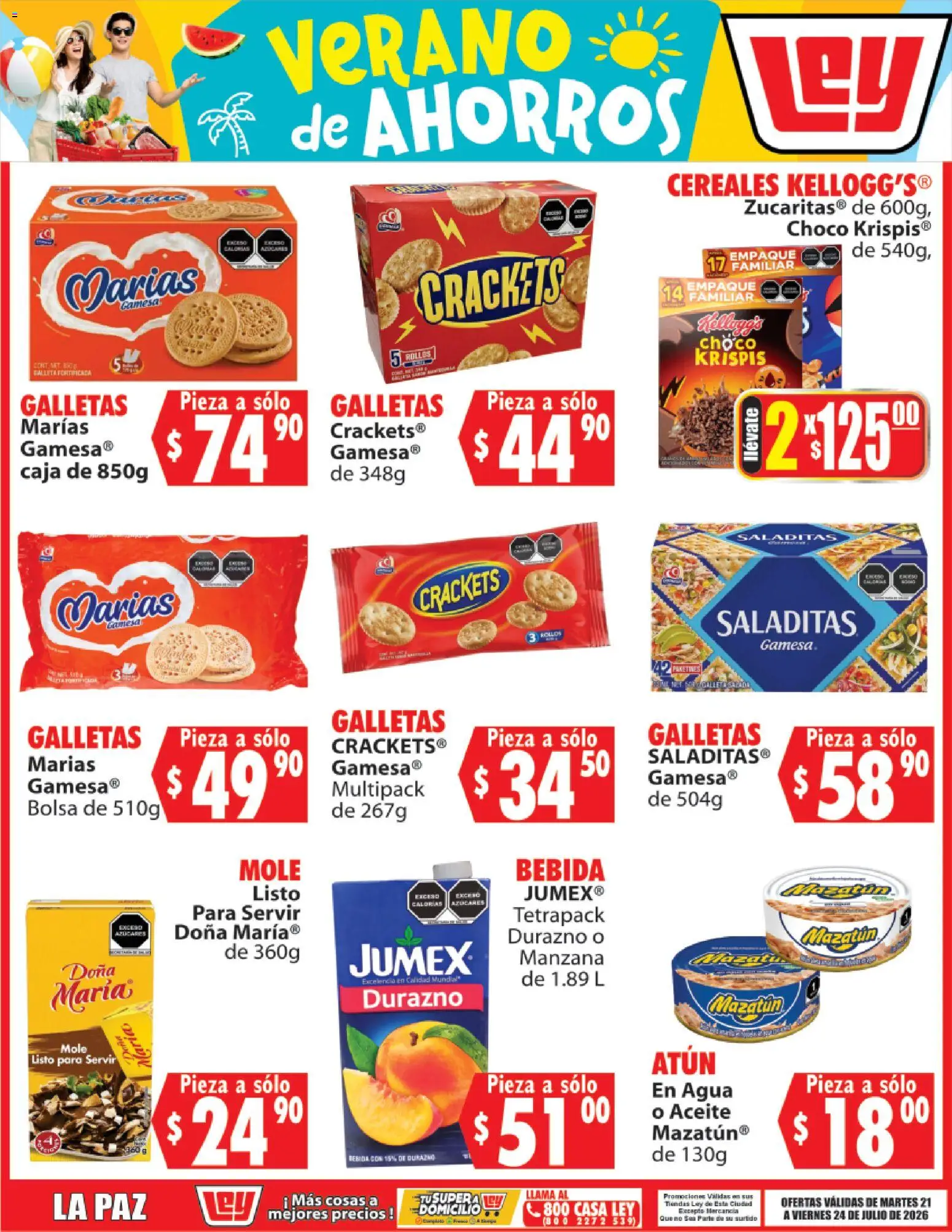 Nuevas ofertas de Casa Ley válidas en toda la República Mexicana desde el 21/07/2026. ¡Encuentra las mejores ofertas en Casa Ley folleto Verano de ahorros! | Página: 3 | Productos: Atún, Agua, Cereales, Galletas