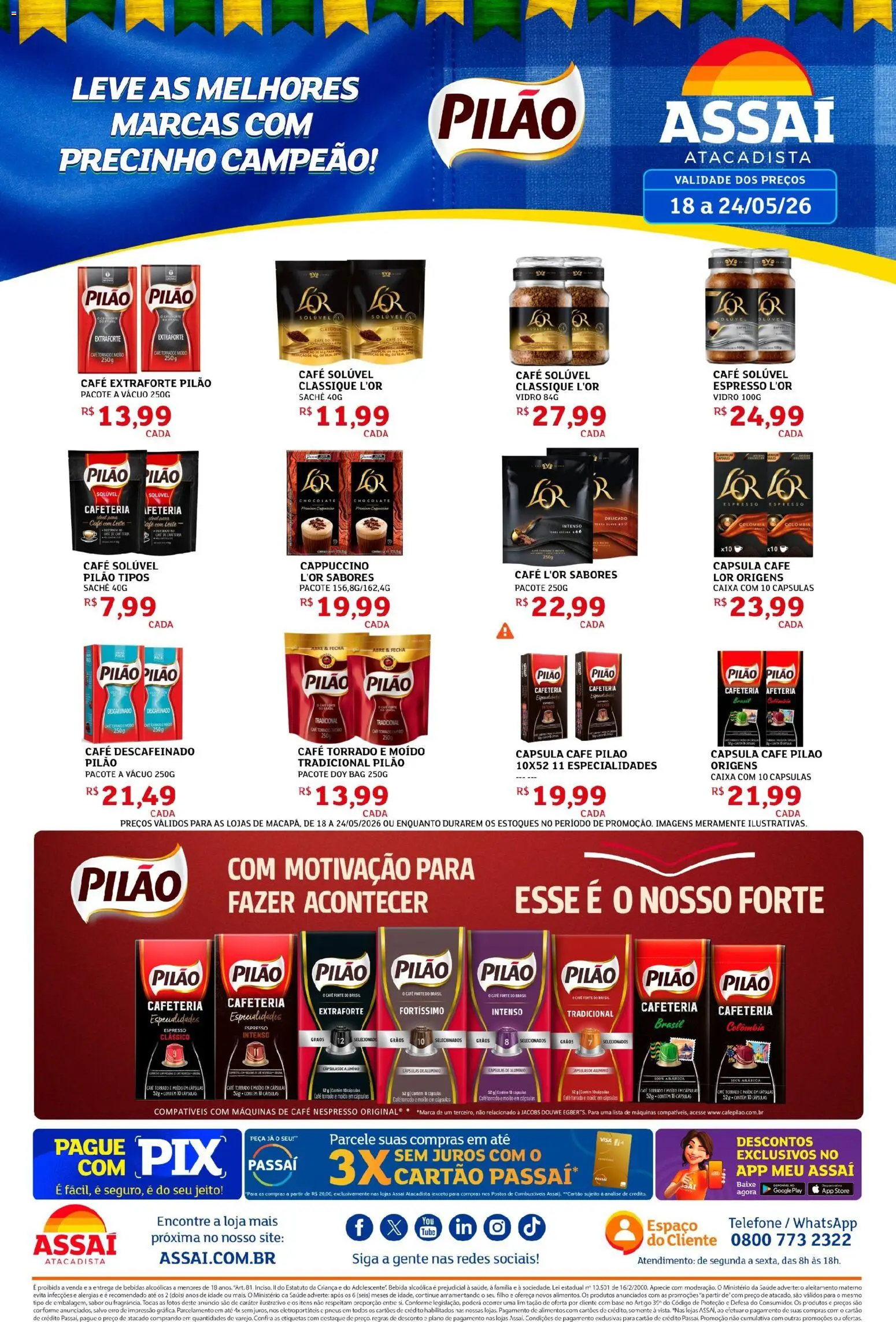 Assaí Atacadista Folheto - válido de 18.05.2026 | Página: 1 | Produtos: Pneus, Bebida, Telefone, Café solúvel