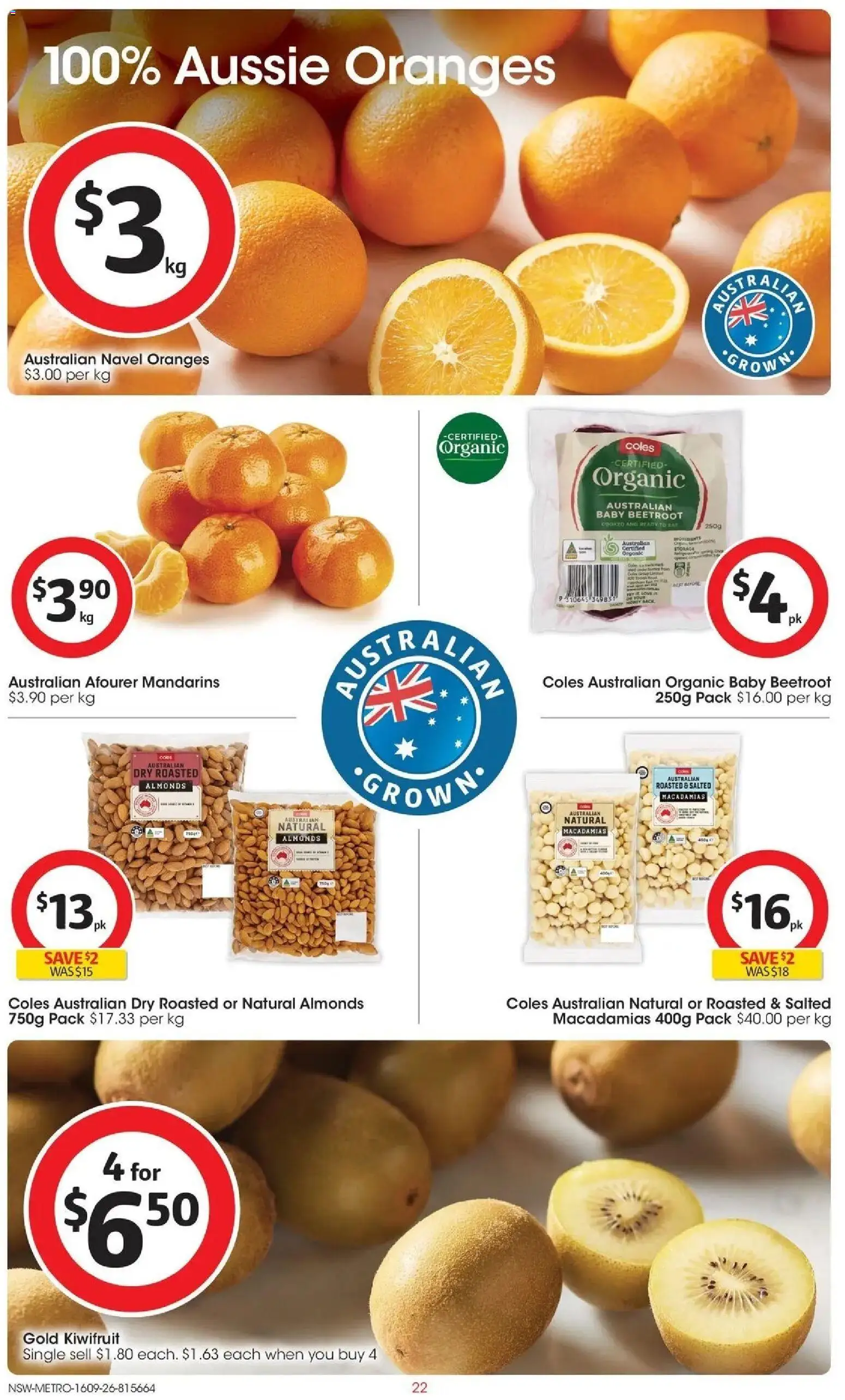 Coles catalogue - valid from 16/09/2026 | Page: 22 | Products: Almonds, Oranges, Kiwifruit, Beetroot