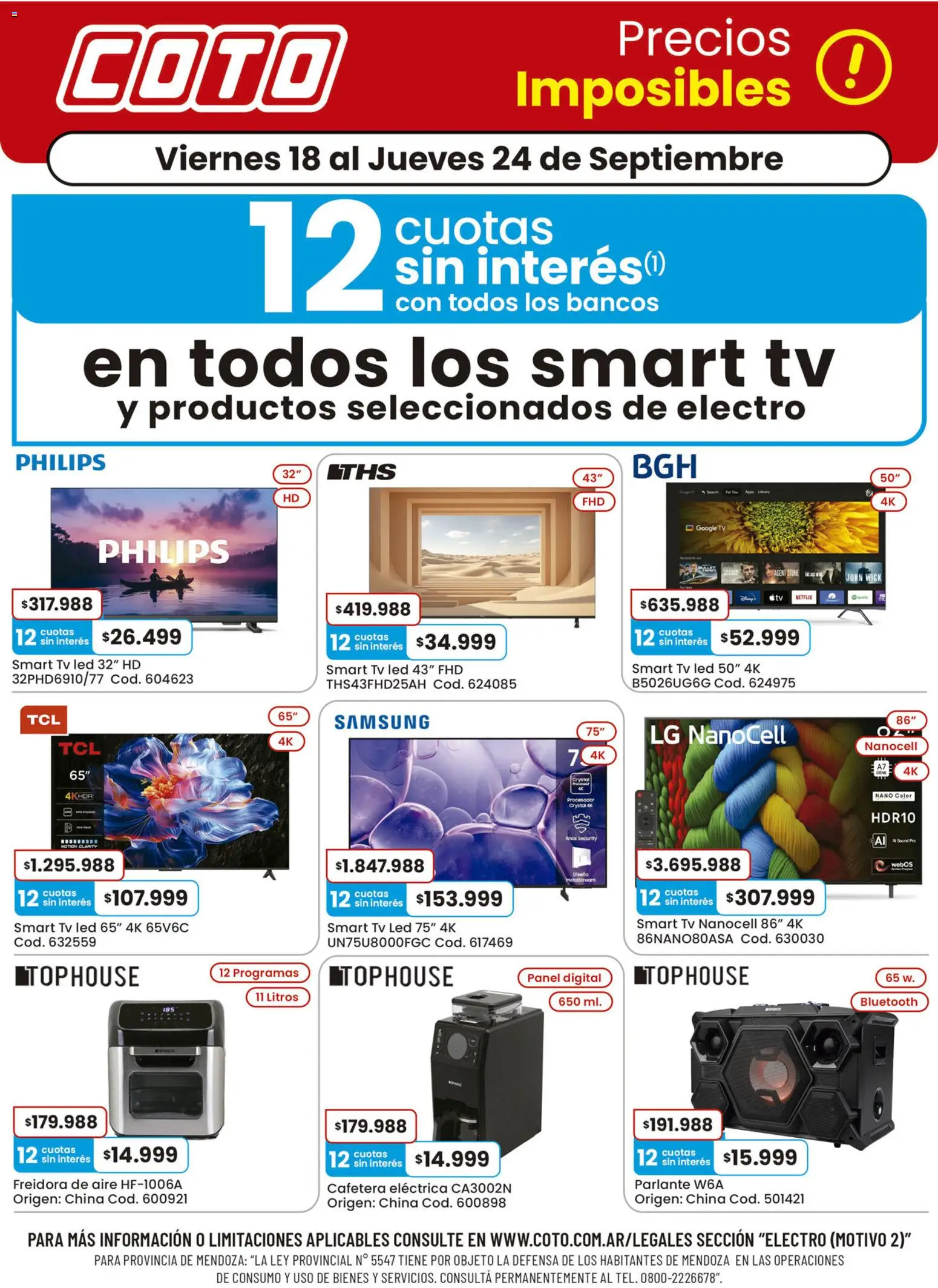 Coto - Electro Motivo TV │ válido desde el 18/09/2026 | Página: 1 | Productos: Cafetera, Freidora, Parlante, Freidora de aire