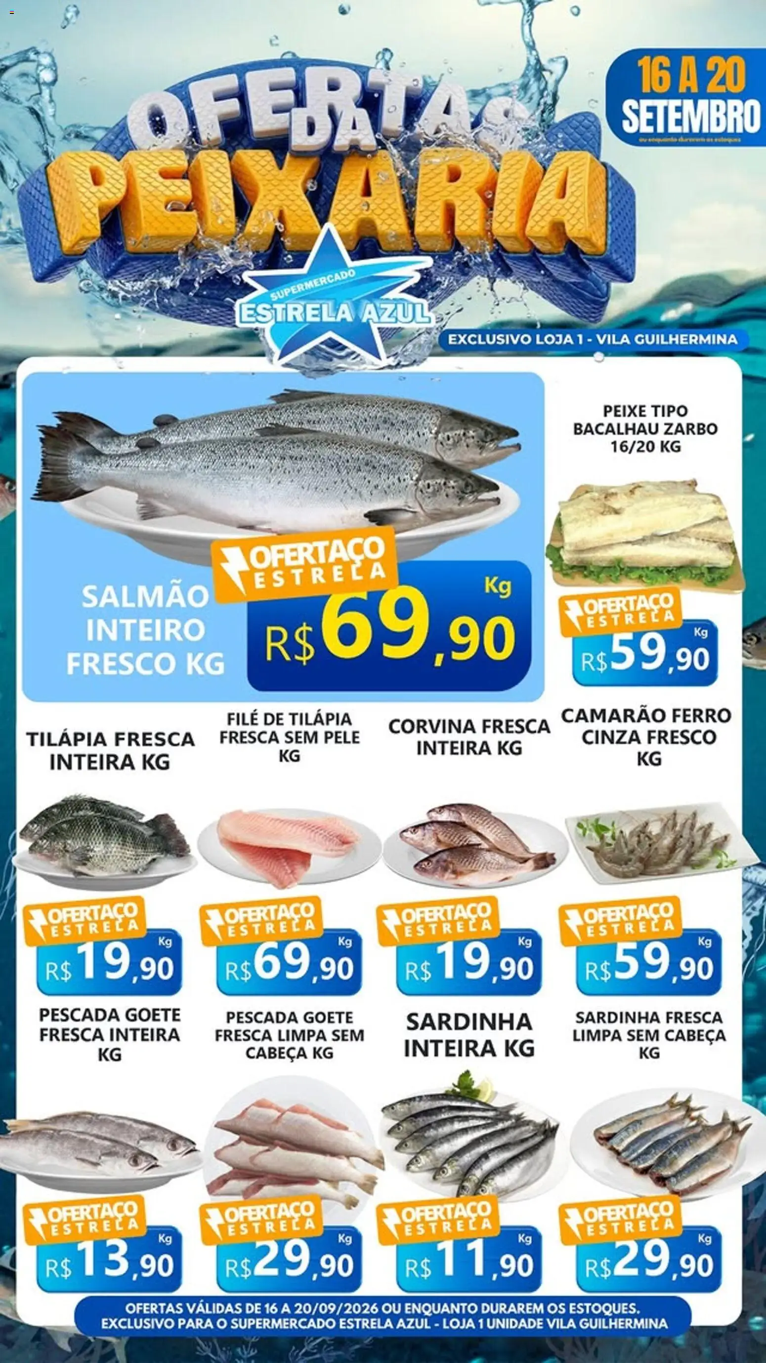 Estrela Azul Folheto - válido de 16/09/2026 | Página: 1 | Produtos: Ferro, Salmão, Camarão, Filé de tilápia