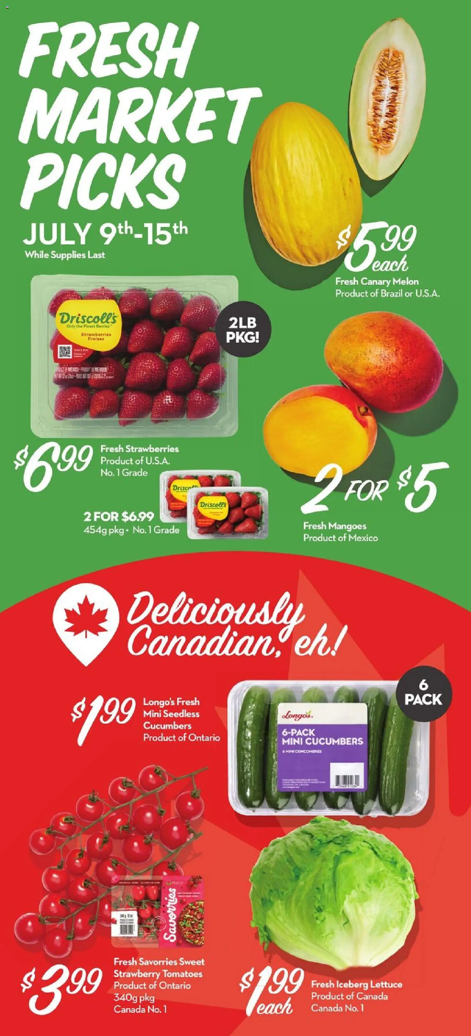 Longo's flyer valid from Jul 9, 2026 | Page: 2 | Products: Strawberries, Cucumbers, Tomatoes