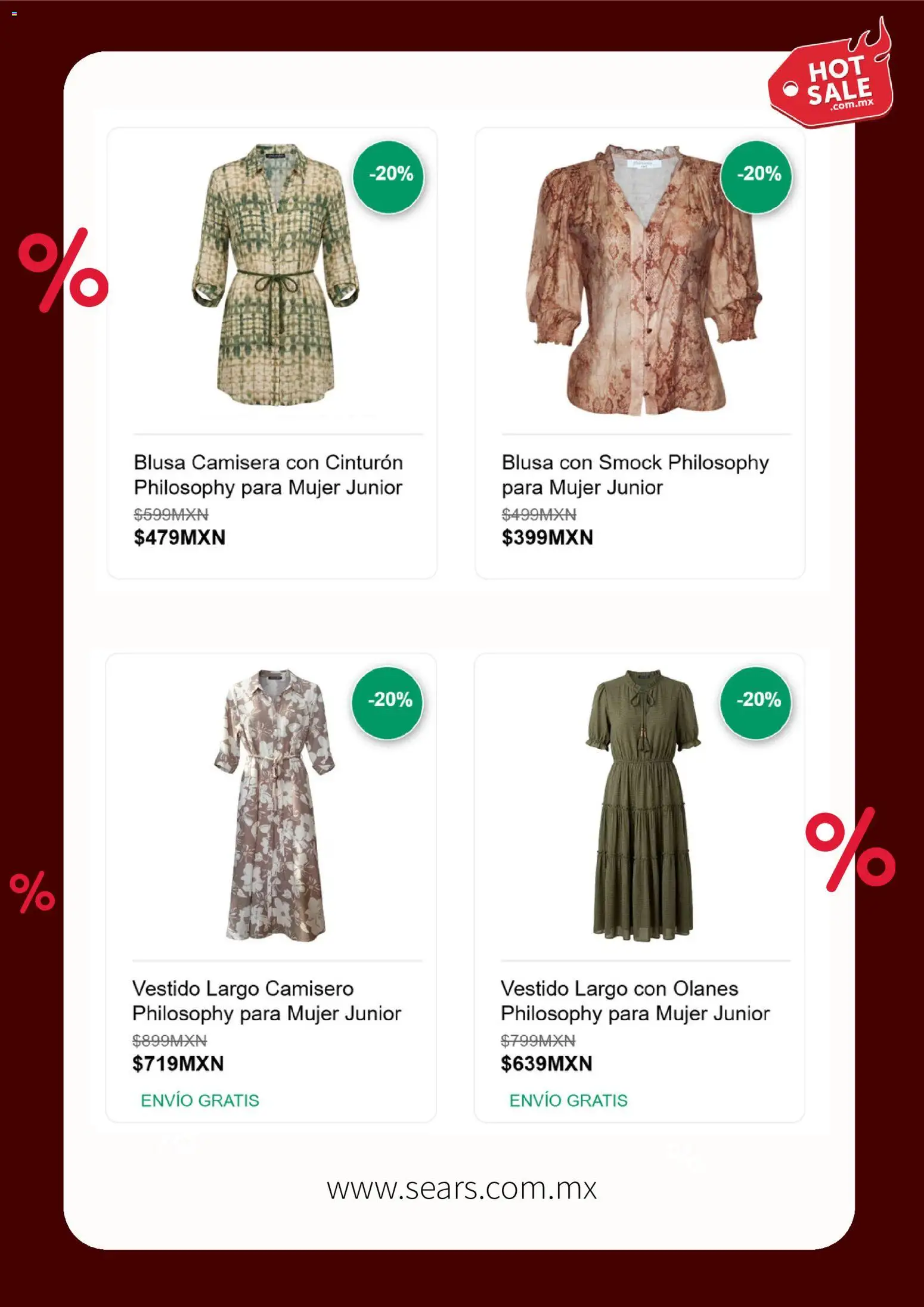 Nuevas ofertas de Sears válidas en toda la República Mexicana desde el 25.05.2026. ¡Encuentra las mejores ofertas en Sears Hot Sale! | Página: 3 | Productos: Blusa, Cinturón, Vestido