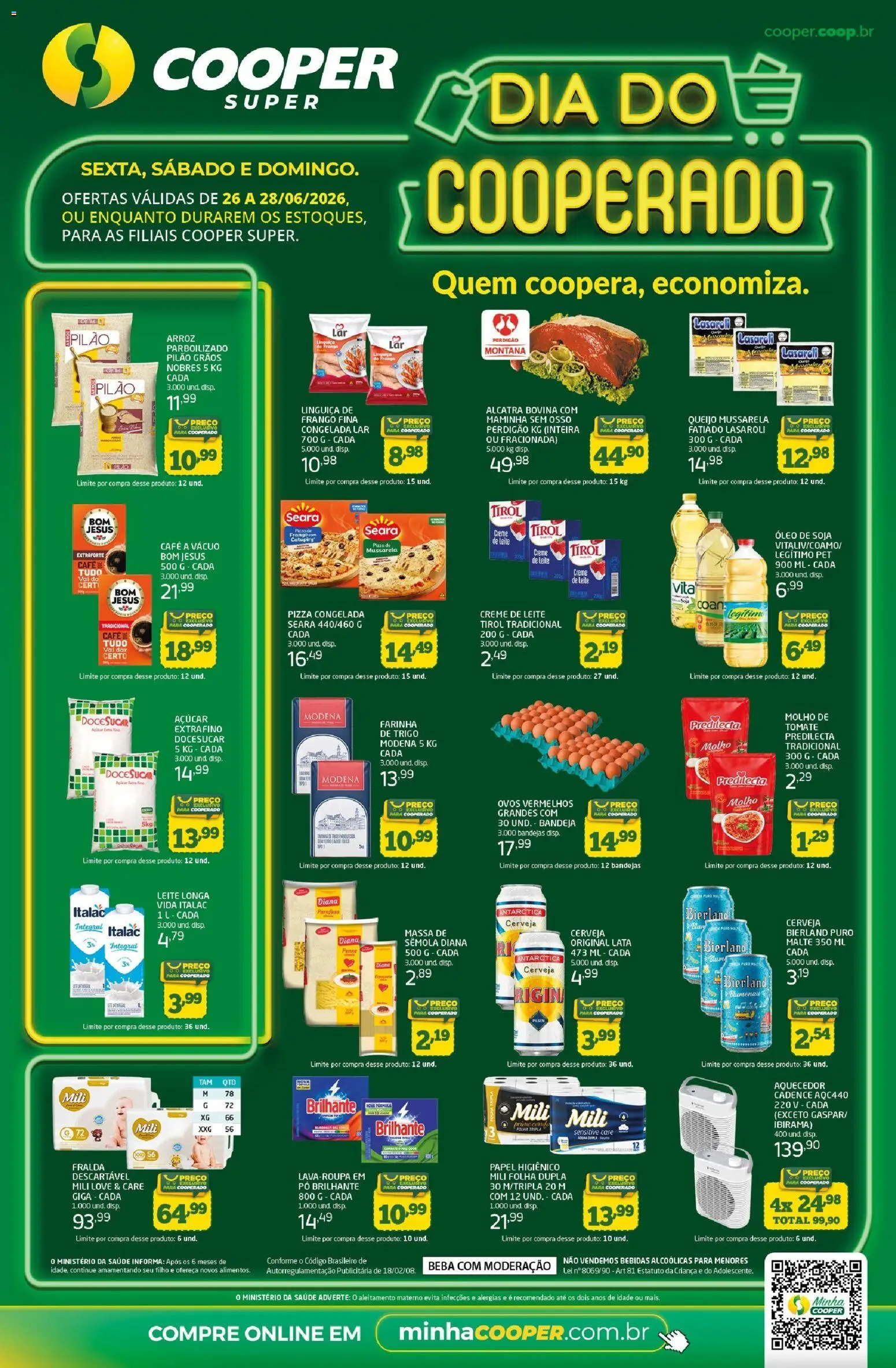 Cooper Folheto - válido de 26/06/2026 | Página: 1 | Produtos: Linguiça, Creme de leite, Mussarela, Aquecedor
