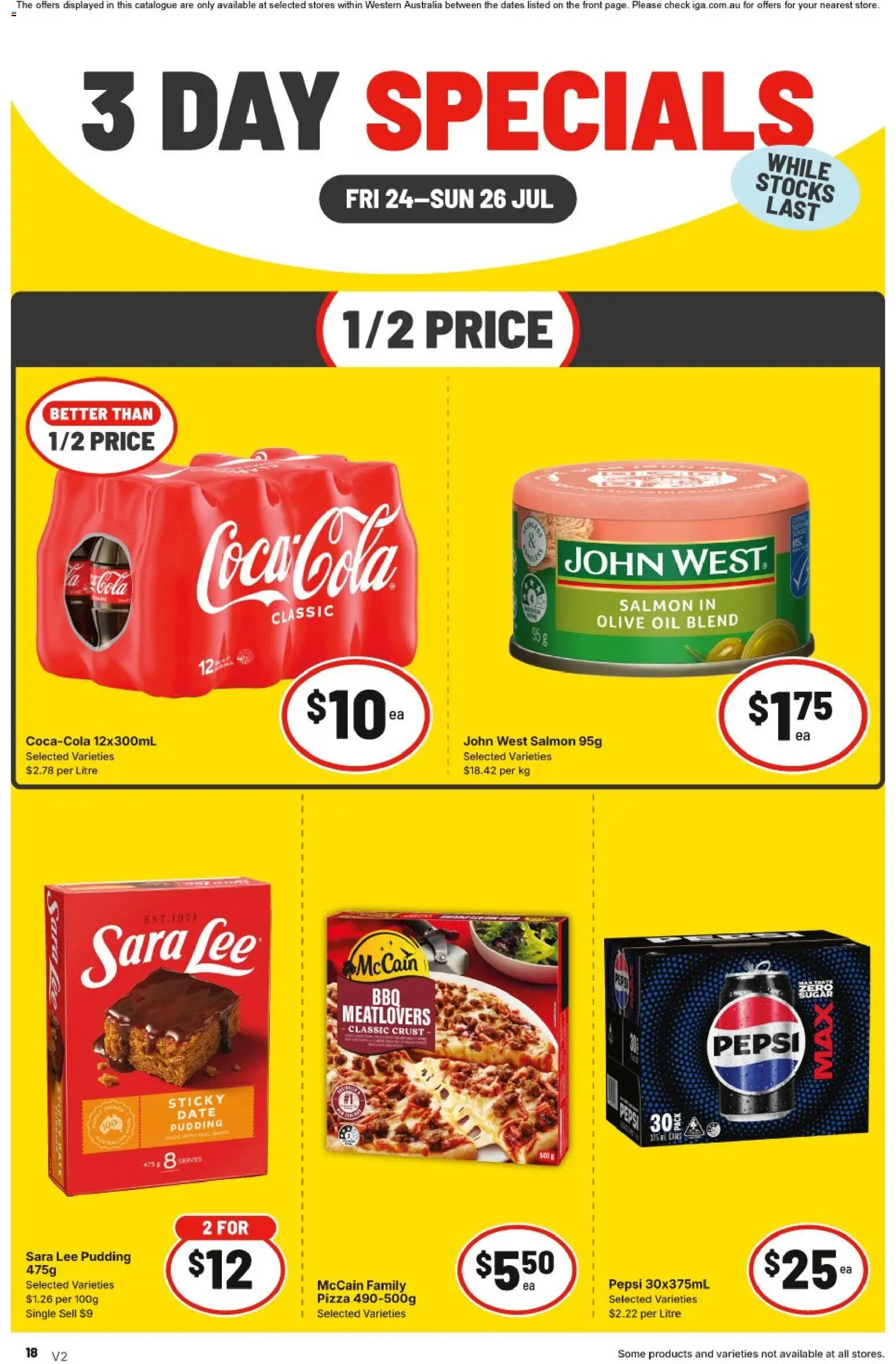 IGA catalogue - valid from 24/07/2026 | Page: 2 | Products: Pizza, Coca Cola, Olive oil, Salmon