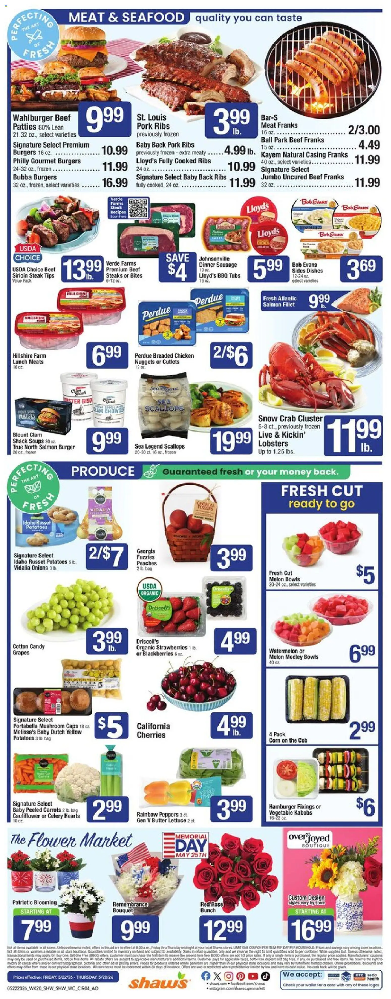 Shaw's Weekly Ad - RI - valid from 22.05.2026 | Page: 4 | Products: Peaches, Pork, Seafood, Cauliflower
