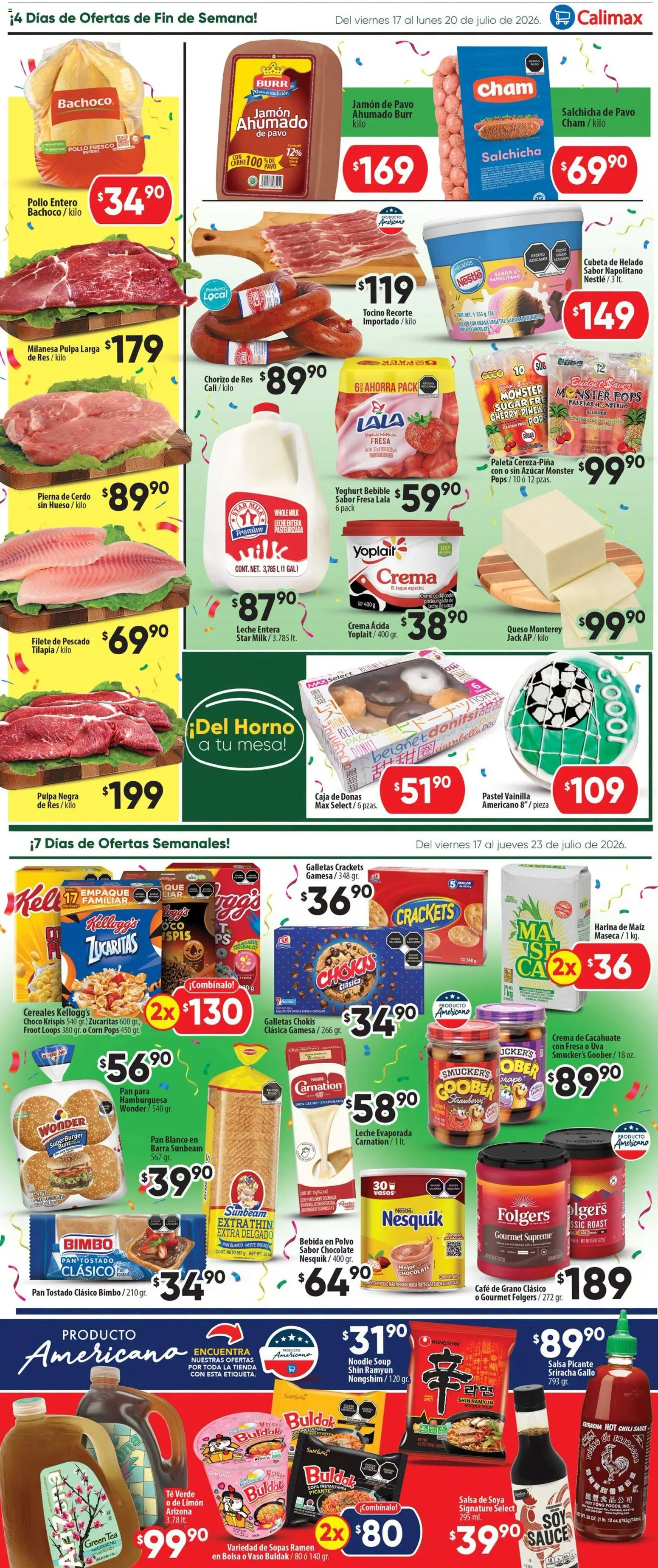 Nuevas ofertas de Calimax válidas en toda la República Mexicana desde el 17/07/2026. ¡Encuentra las mejores ofertas en Calimax folleto Ensenada! | Página: 2 | Productos: Milanesa, Salchicha, Pastel, Caja