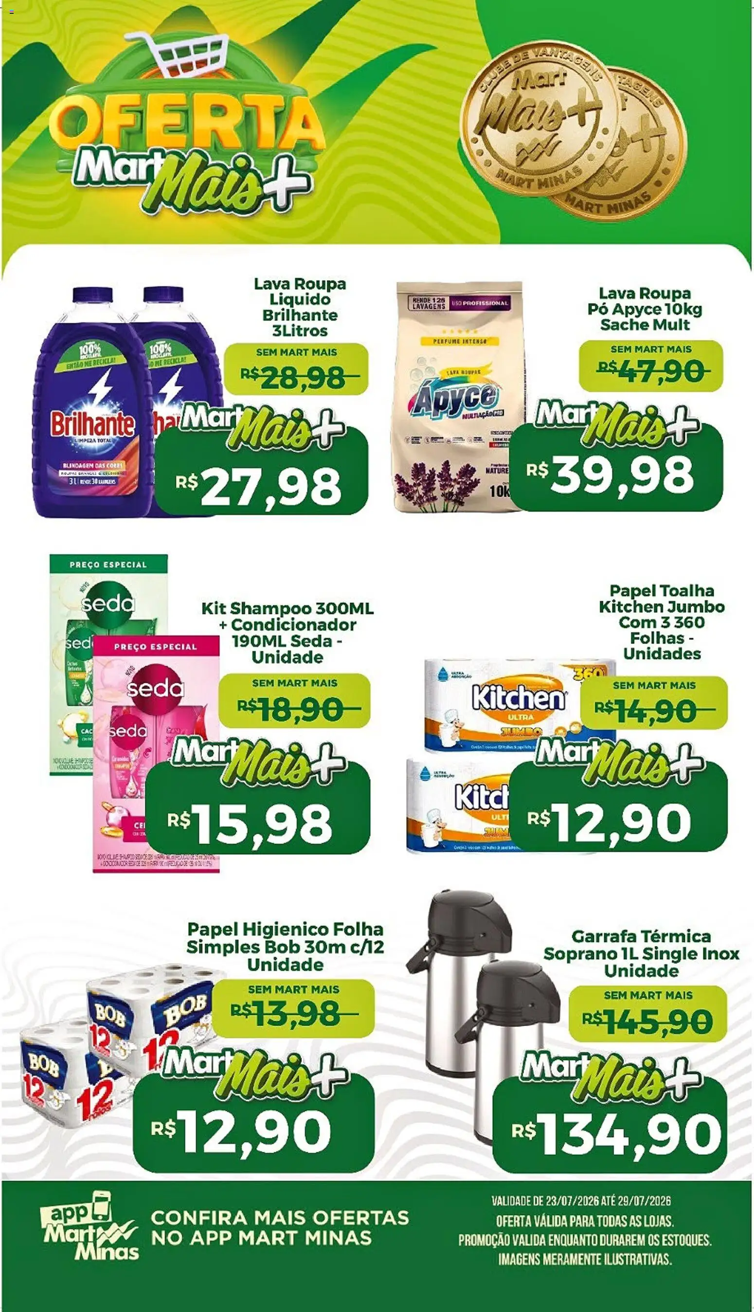 Mart Minas Folheto - válido de 23/07/2026 | Página: 1 | Produtos: Shampoo, Papel toalha, Condicionador, Papel higiênico